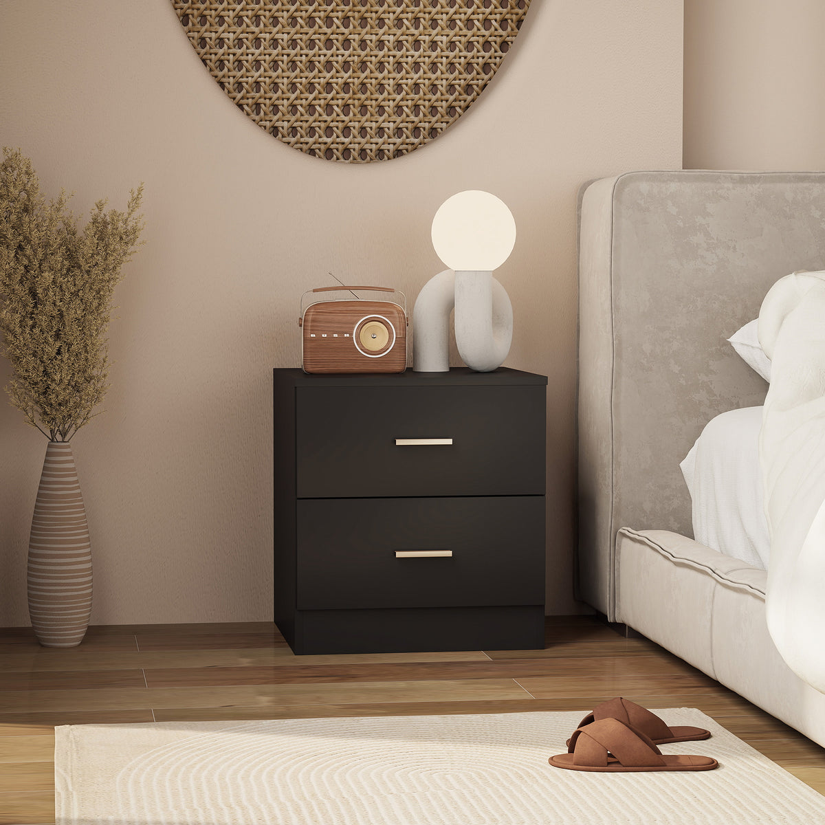 Bedside Table - Modern 2-Drawer Nightstand Black 19" H-Nightstands-DECOROLALA