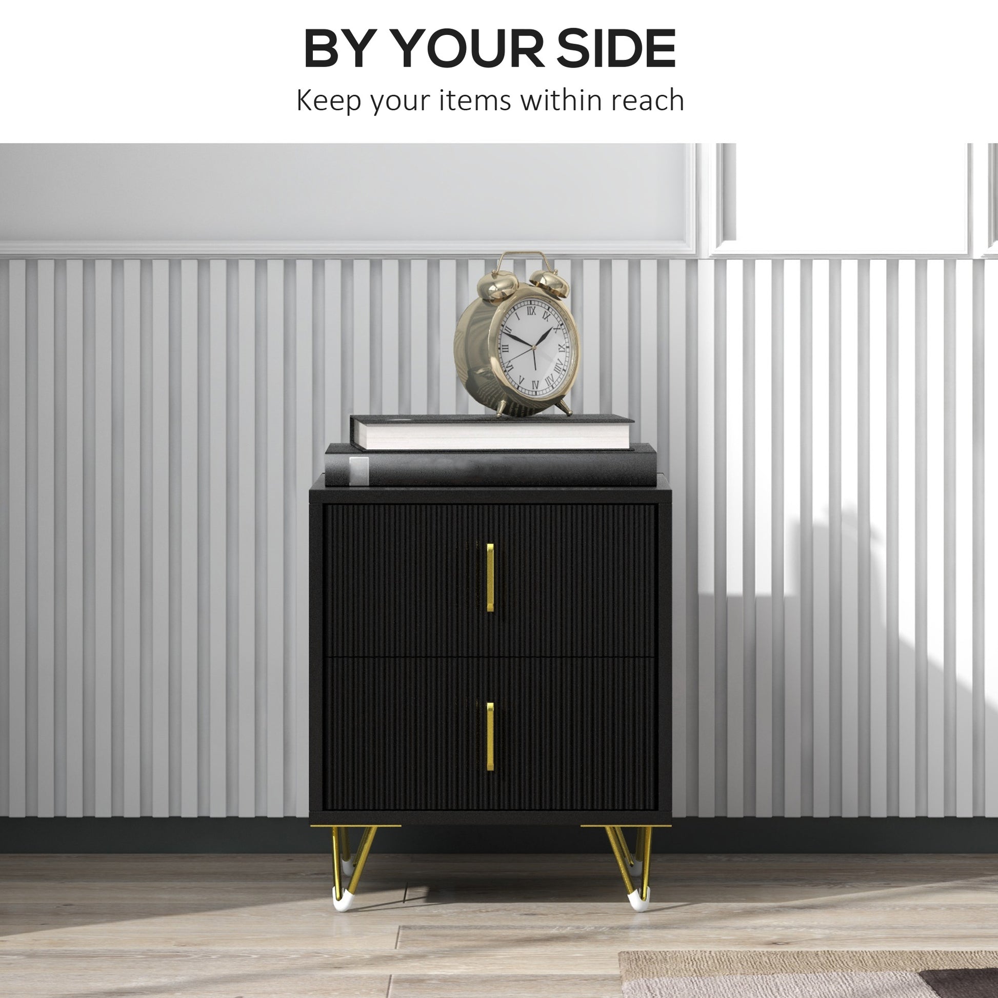 Bedside Table, Modern Nightstand with 2 Drawers, Side End Table with Metal Legs for Living Room, Bedroom, Black-Home Furnishings > Bedroom Furniture > Bedside Tables-DECOROLALA