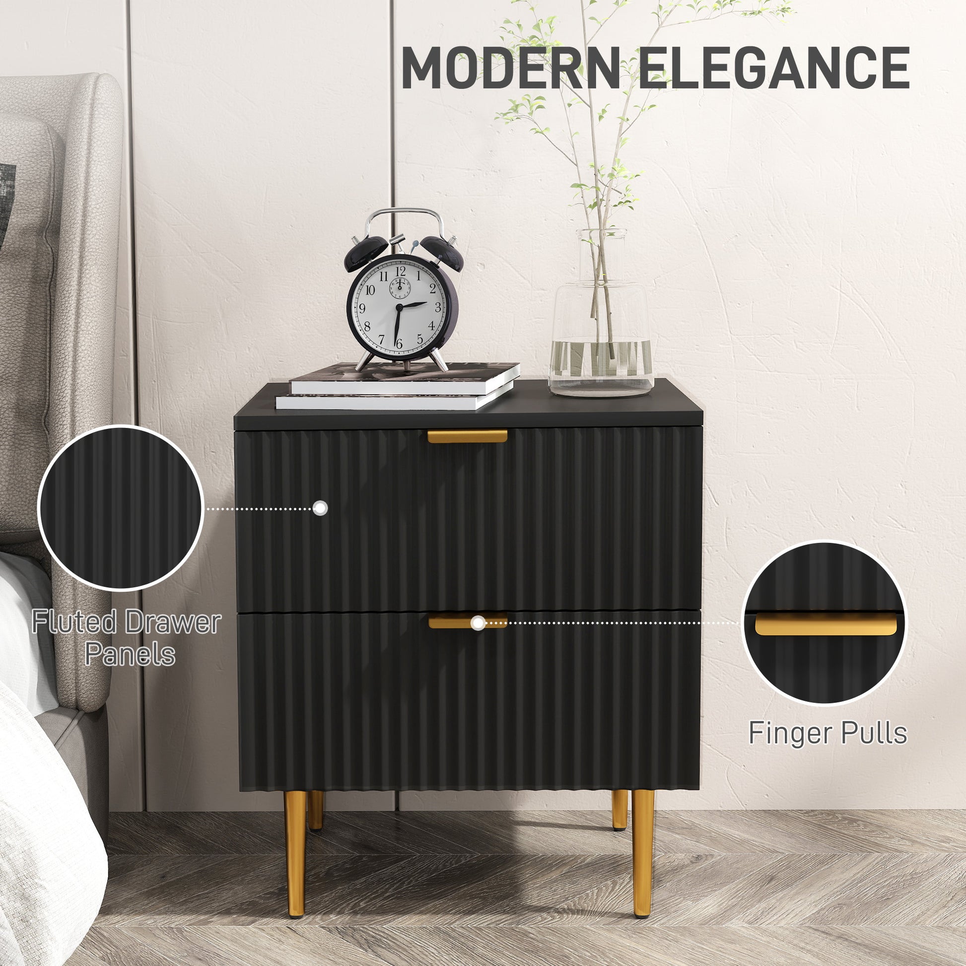 Bedside Table, Modern Nightstand with 2 Drawers, Side End Table with Metal Legs for Living Room, Bedroom, Black-Home Furnishings > Bedroom Furniture > Bedside Tables-DECOROLALA