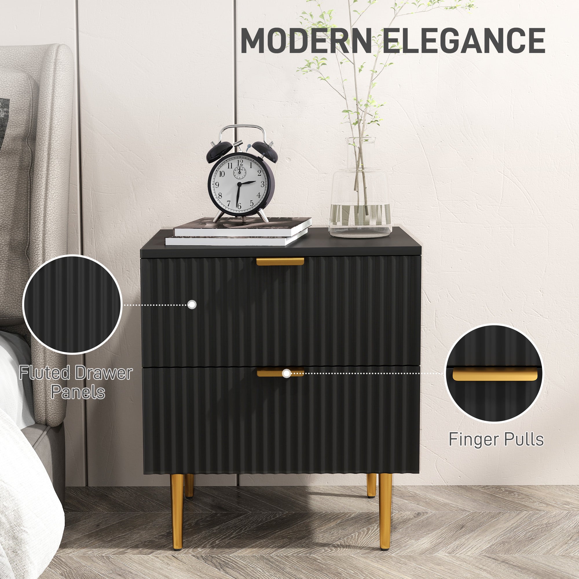 Bedside Table, Modern Nightstand with 2 Drawers, Side End Table with Metal Legs for Living Room, Bedroom, Black-Home Furnishings > Bedroom Furniture > Bedside Tables-DECOROLALA