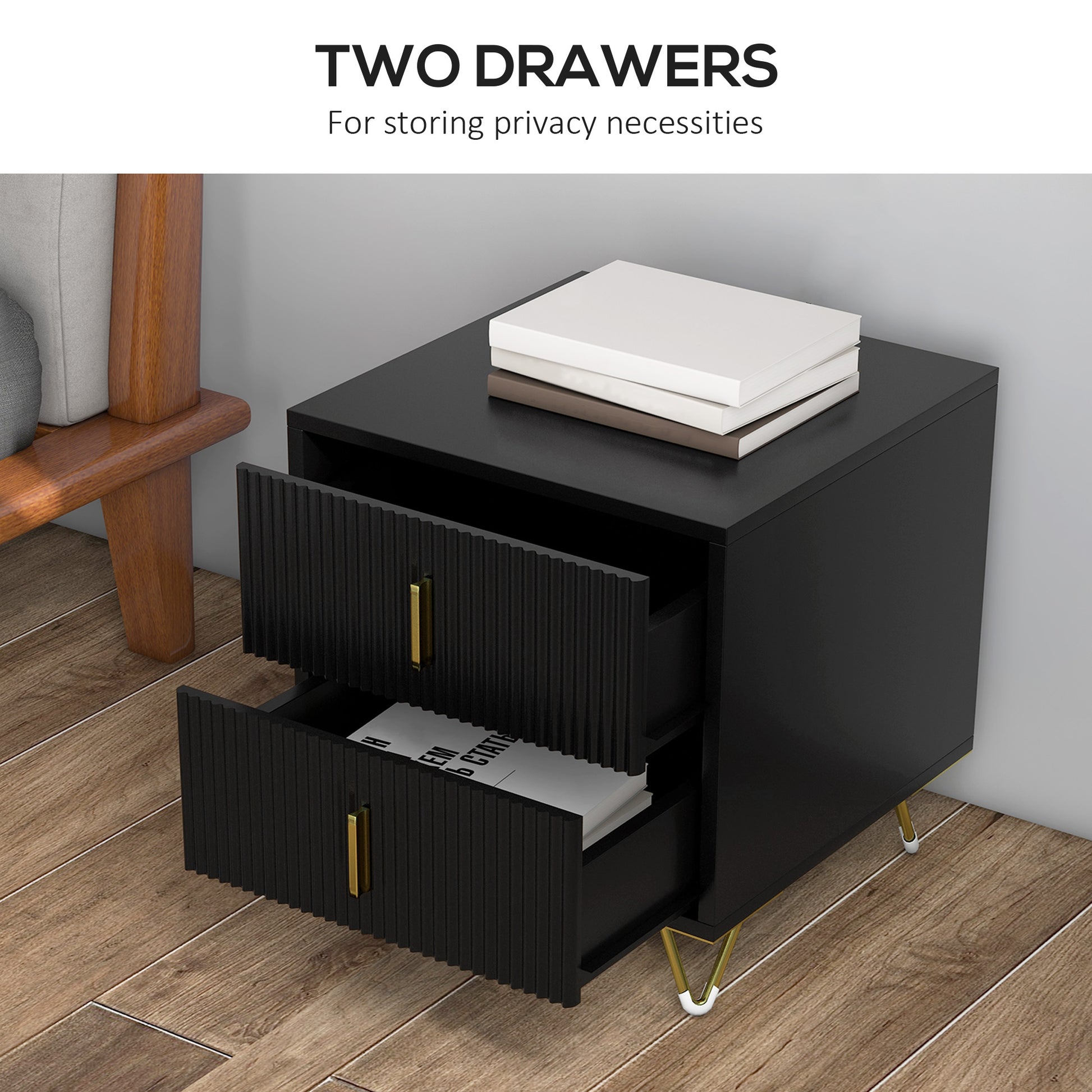 Bedside Table, Modern Nightstand with 2 Drawers, Side End Table with Metal Legs for Living Room, Bedroom, Black-Home Furnishings > Bedroom Furniture > Bedside Tables-DECOROLALA