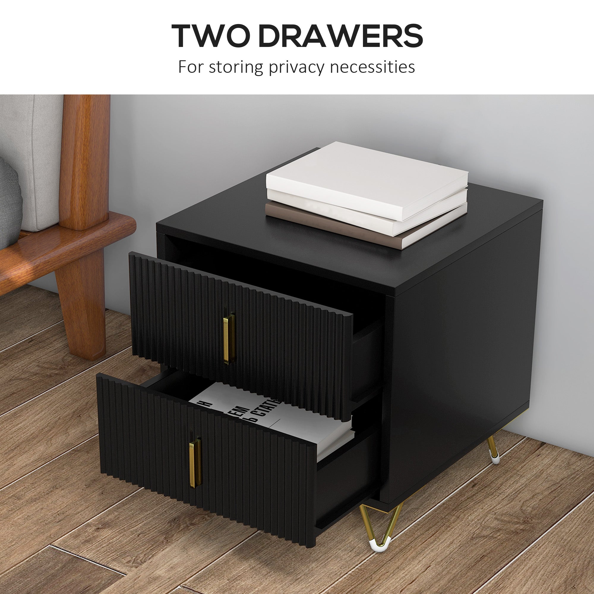 Bedside Table, Modern Nightstand with 2 Drawers, Side End Table with Metal Legs for Living Room, Bedroom, Black-Home Furnishings > Bedroom Furniture > Bedside Tables-DECOROLALA