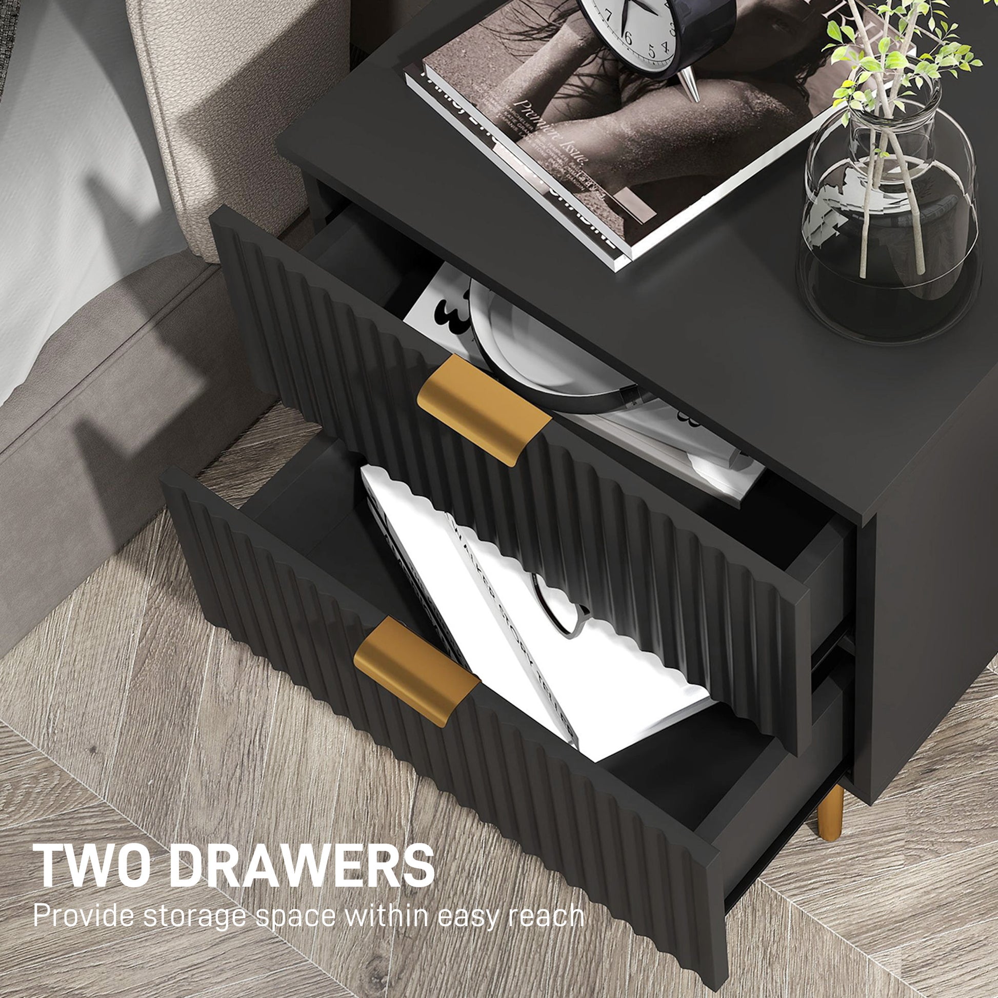 Bedside Table, Modern Nightstand with 2 Drawers, Side End Table with Metal Legs for Living Room, Bedroom, Black-Home Furnishings > Bedroom Furniture > Bedside Tables-DECOROLALA