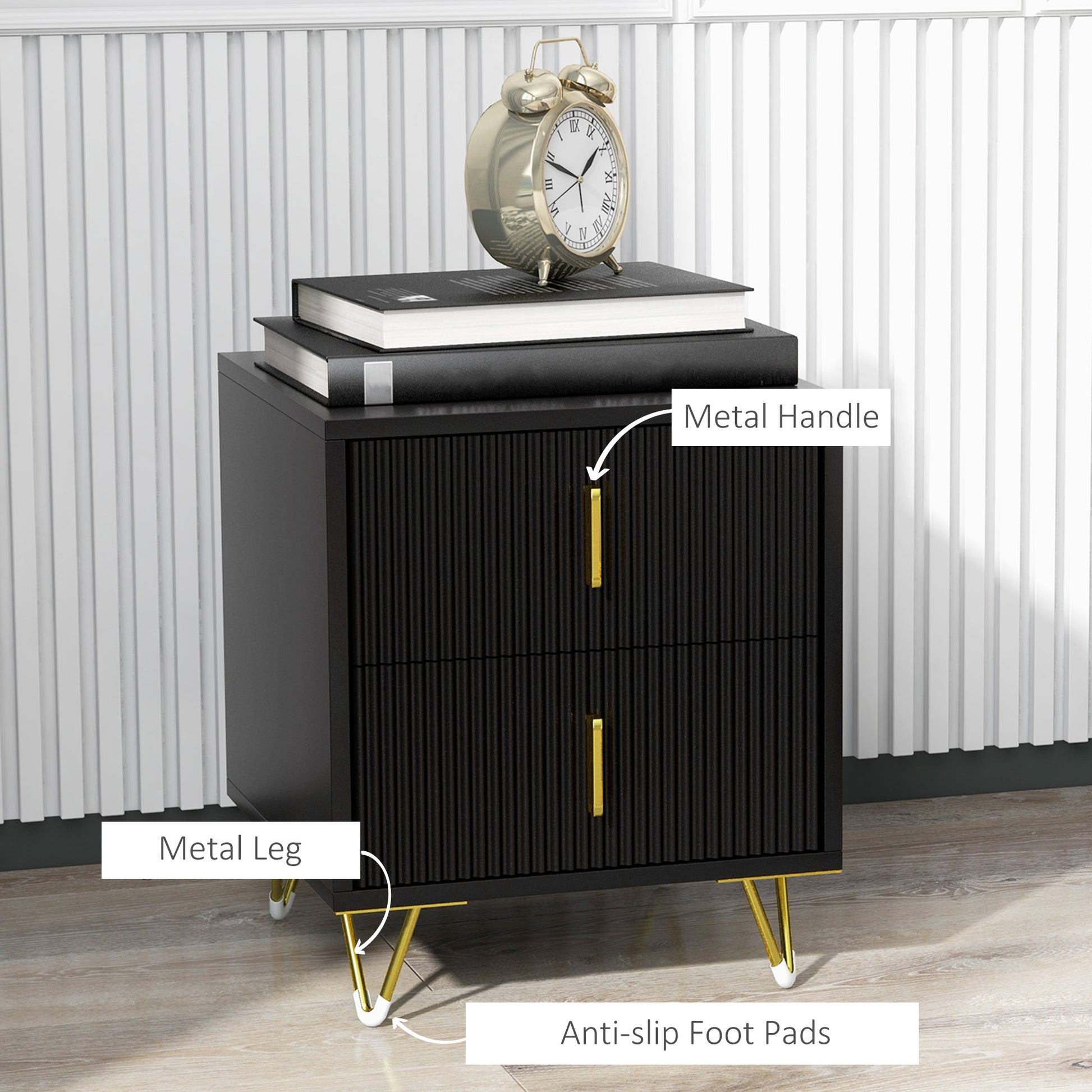Bedside Table, Modern Nightstand with 2 Drawers, Side End Table with Metal Legs for Living Room, Bedroom, Black-Home Furnishings > Bedroom Furniture > Bedside Tables-DECOROLALA