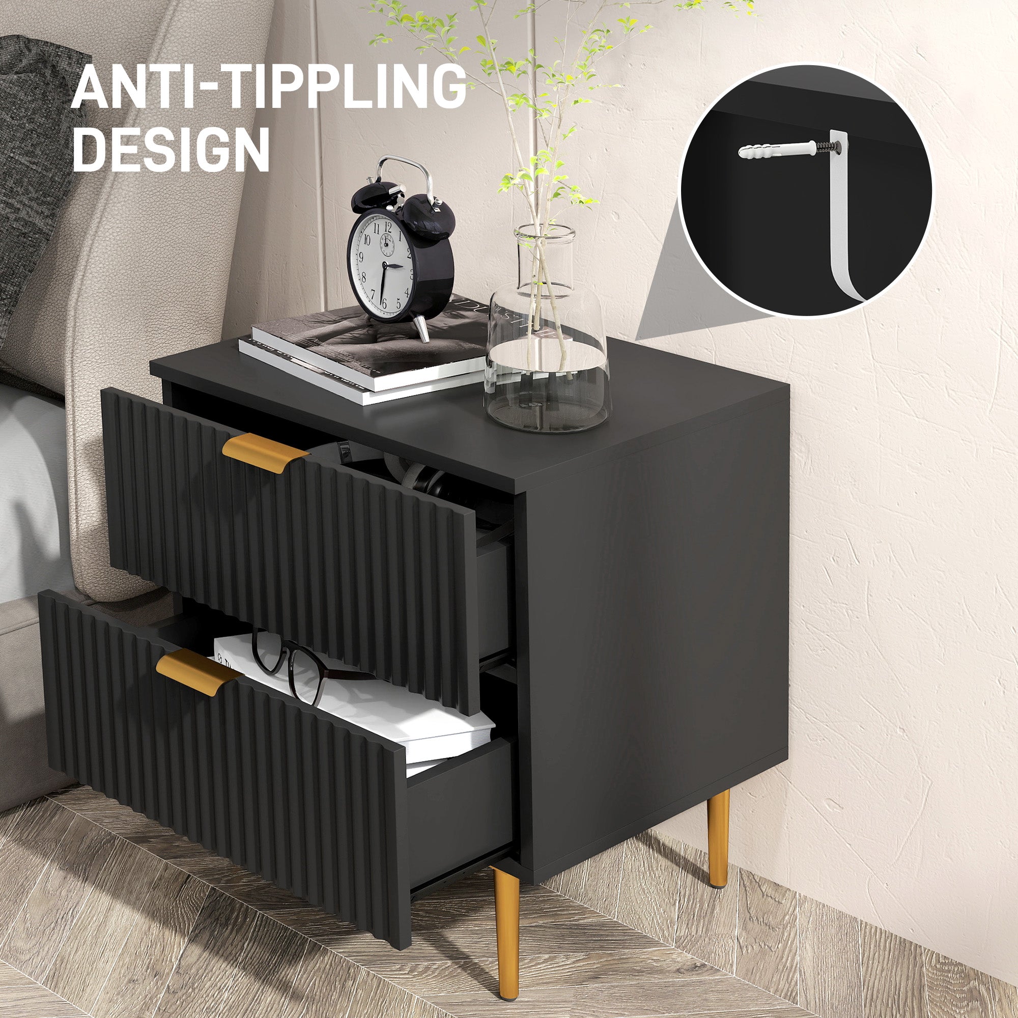 Bedside Table, Modern Nightstand with 2 Drawers, Side End Table with Metal Legs for Living Room, Bedroom, Black-Home Furnishings > Bedroom Furniture > Bedside Tables-DECOROLALA