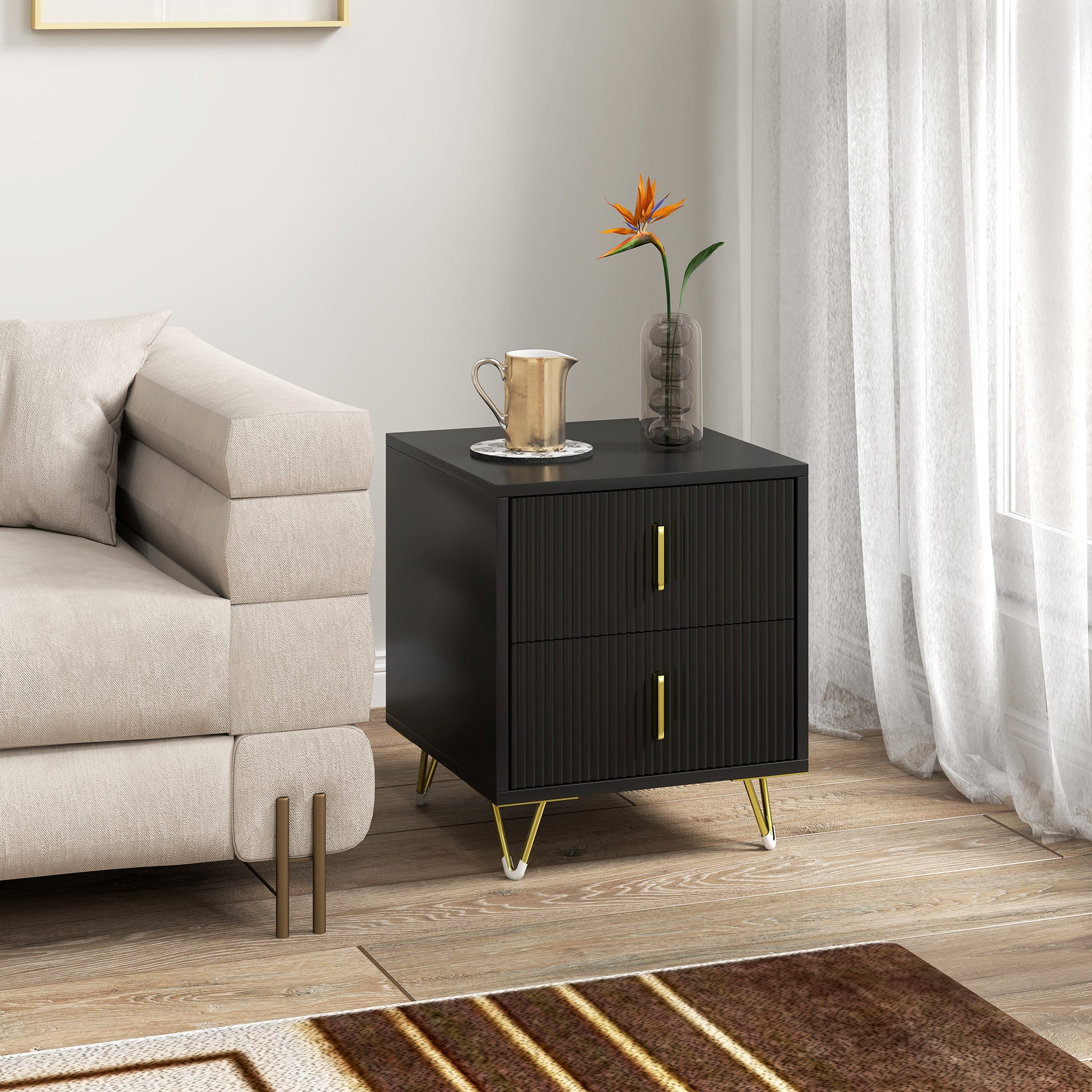Bedside Table, Modern Nightstand with 2 Drawers, Side End Table with Metal Legs for Living Room, Bedroom, Black-Home Furnishings > Bedroom Furniture > Bedside Tables-DECOROLALA