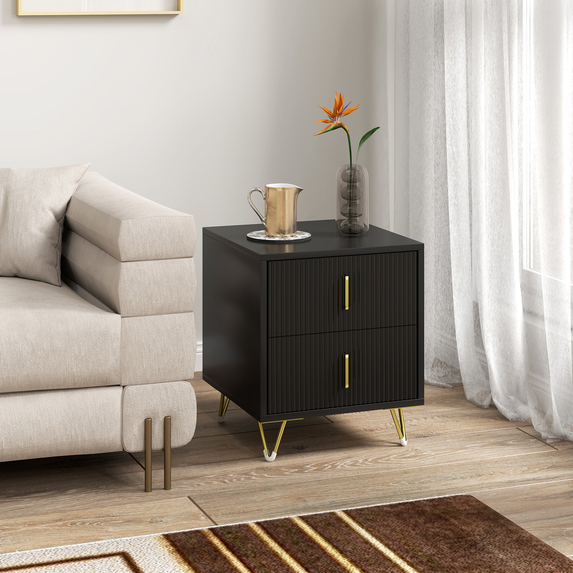 Bedside Table, Modern Nightstand with 2 Drawers, Side End Table with Metal Legs for Living Room, Bedroom, Black-Home Furnishings > Bedroom Furniture > Bedside Tables-DECOROLALA