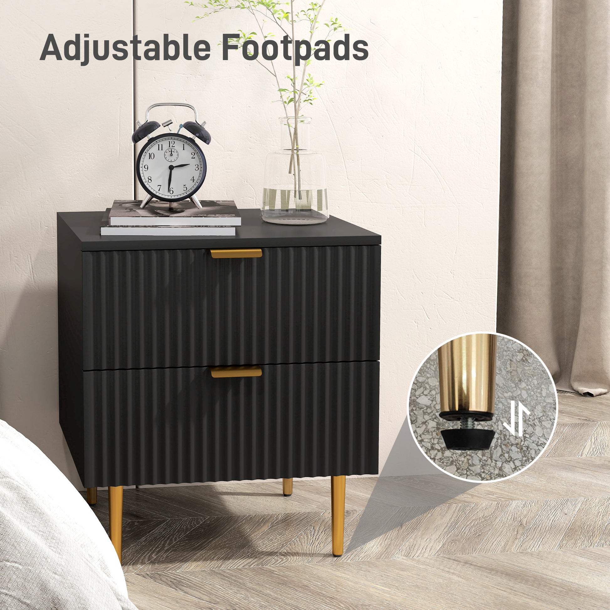 Bedside Table, Modern Nightstand with 2 Drawers, Side End Table with Metal Legs for Living Room, Bedroom, Black-Home Furnishings > Bedroom Furniture > Bedside Tables-DECOROLALA