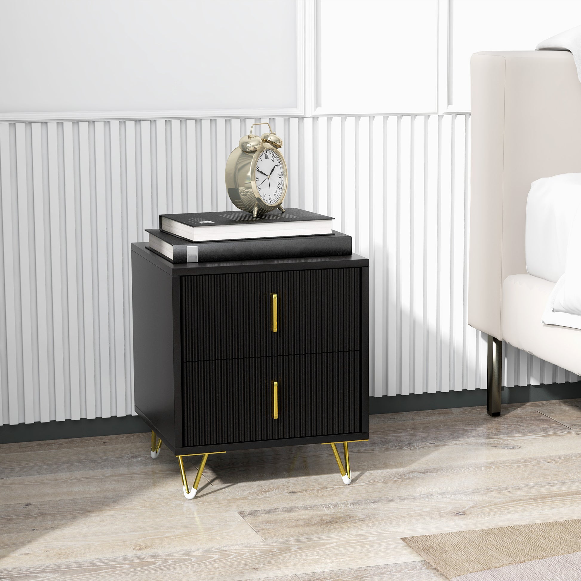 Bedside Table, Modern Nightstand with 2 Drawers, Side End Table with Metal Legs for Living Room, Bedroom, Black-Home Furnishings > Bedroom Furniture > Bedside Tables-DECOROLALA