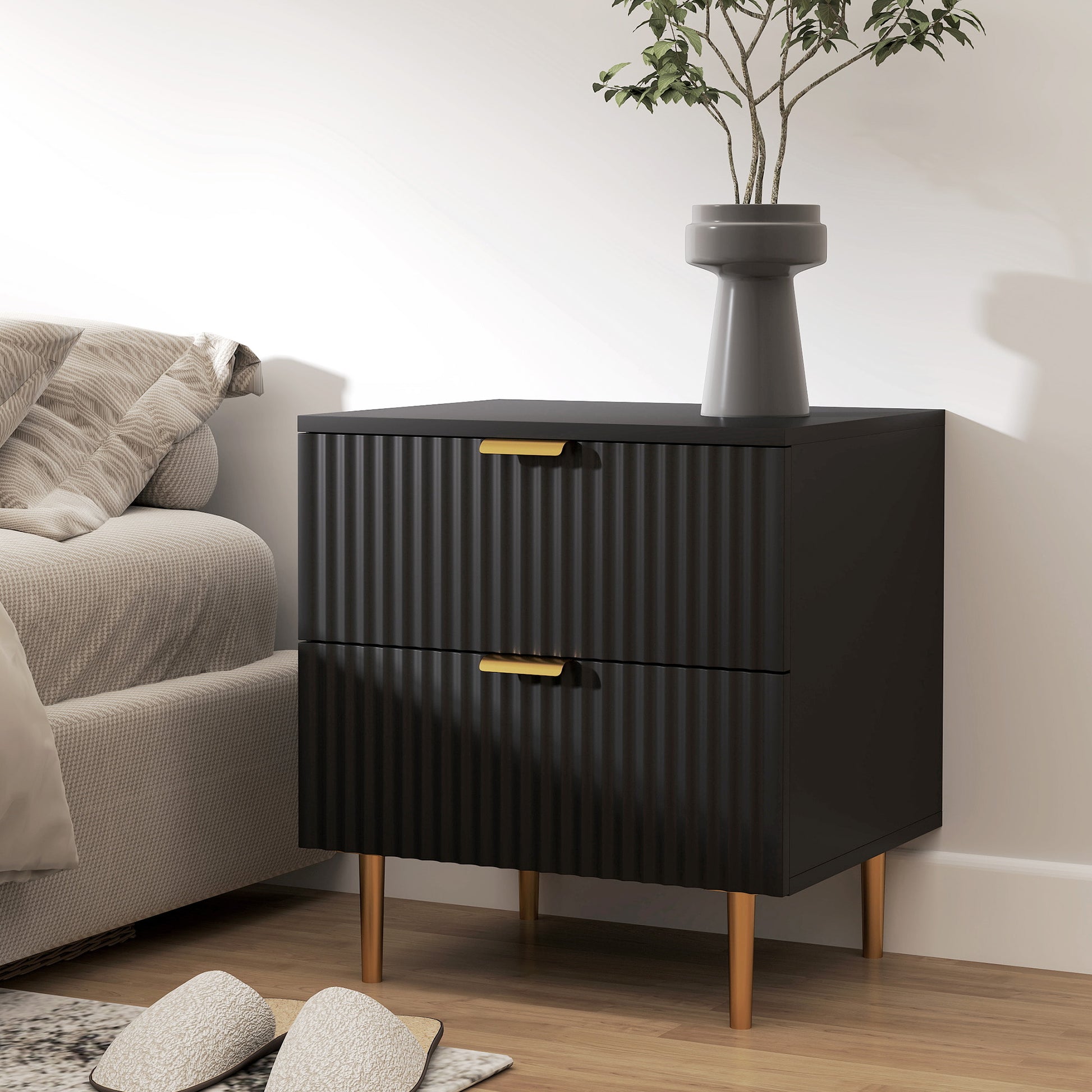 Bedside Table, Modern Nightstand with 2 Drawers, Side End Table with Metal Legs for Living Room, Bedroom, Black-Home Furnishings > Bedroom Furniture > Bedside Tables-DECOROLALA