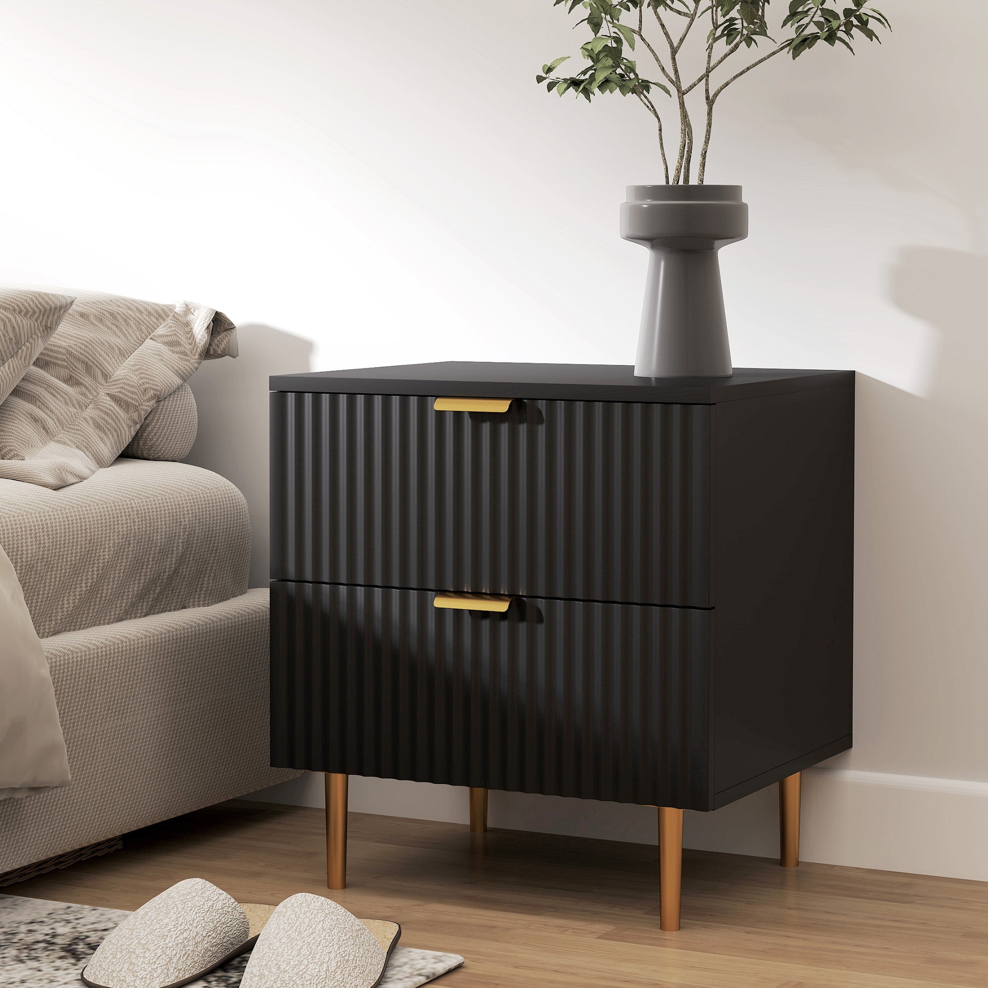Bedside Table, Modern Nightstand with 2 Drawers, Side End Table with Metal Legs for Living Room, Bedroom, Black-Home Furnishings > Bedroom Furniture > Bedside Tables-DECOROLALA
