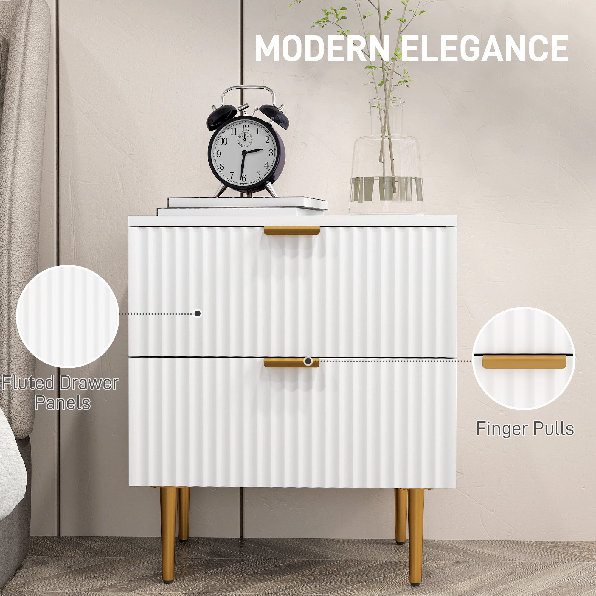 Bedside Table, Modern Nightstand with 2 Drawers, Side End Table with Metal Legs for Living Room, Bedroom, White-Home Furnishings > Bedroom Furniture > Bedside Tables-DECOROLALA