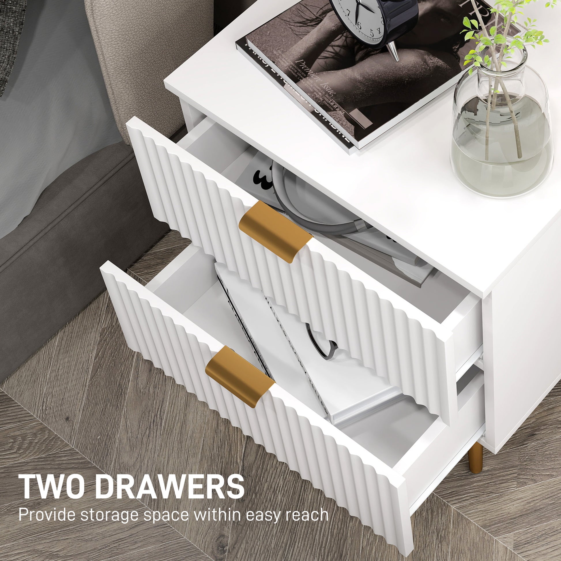 Bedside Table, Modern Nightstand with 2 Drawers, Side End Table with Metal Legs for Living Room, Bedroom, White-Home Furnishings > Bedroom Furniture > Bedside Tables-DECOROLALA