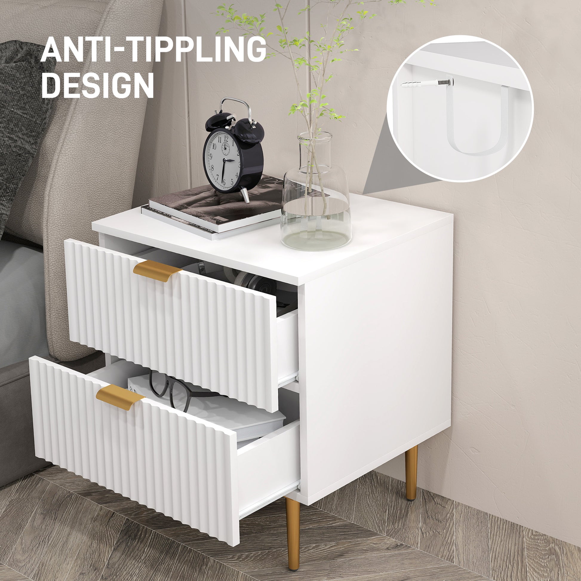 Bedside Table, Modern Nightstand with 2 Drawers, Side End Table with Metal Legs for Living Room, Bedroom, White-Home Furnishings > Bedroom Furniture > Bedside Tables-DECOROLALA