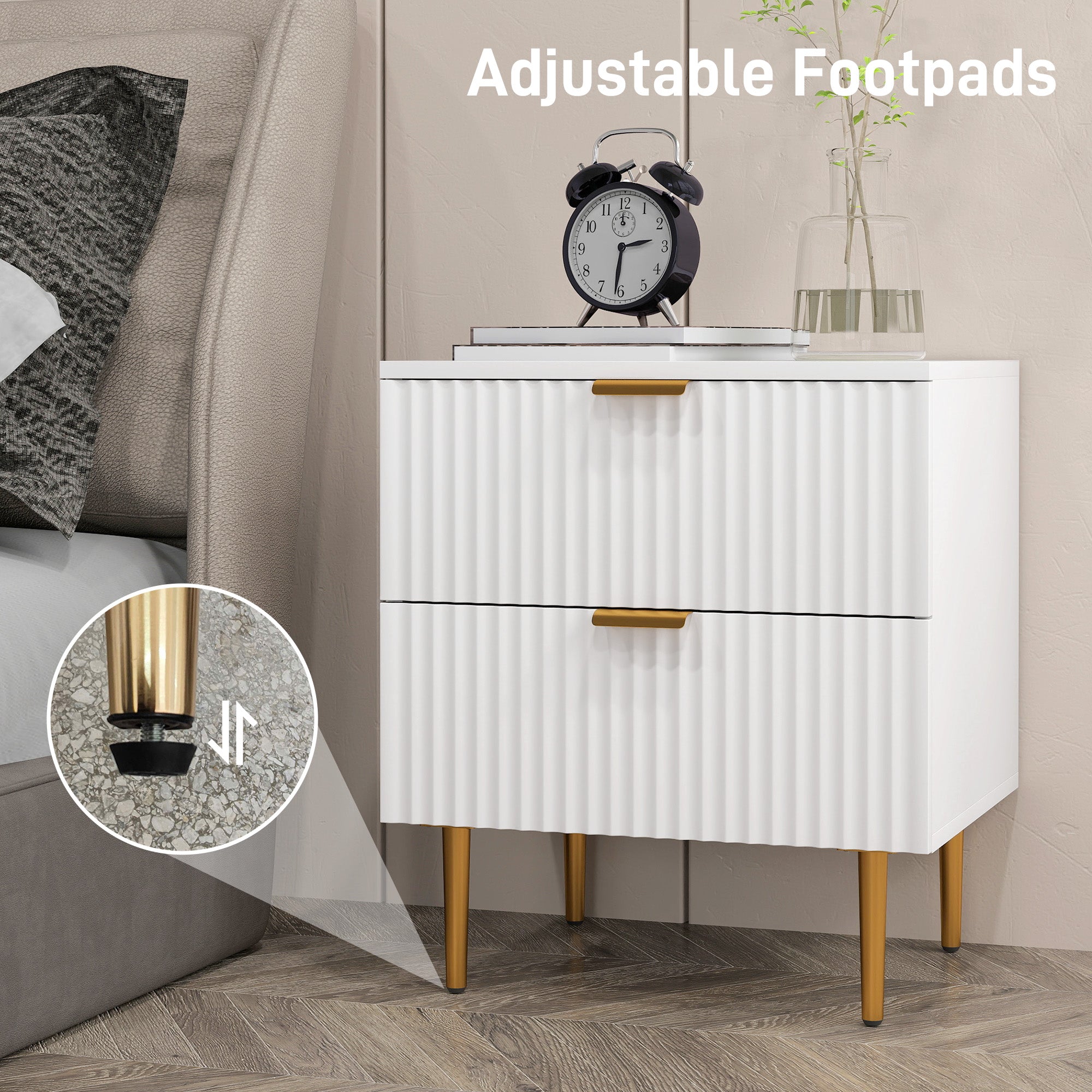 Bedside Table, Modern Nightstand with 2 Drawers, Side End Table with Metal Legs for Living Room, Bedroom, White-Home Furnishings > Bedroom Furniture > Bedside Tables-DECOROLALA
