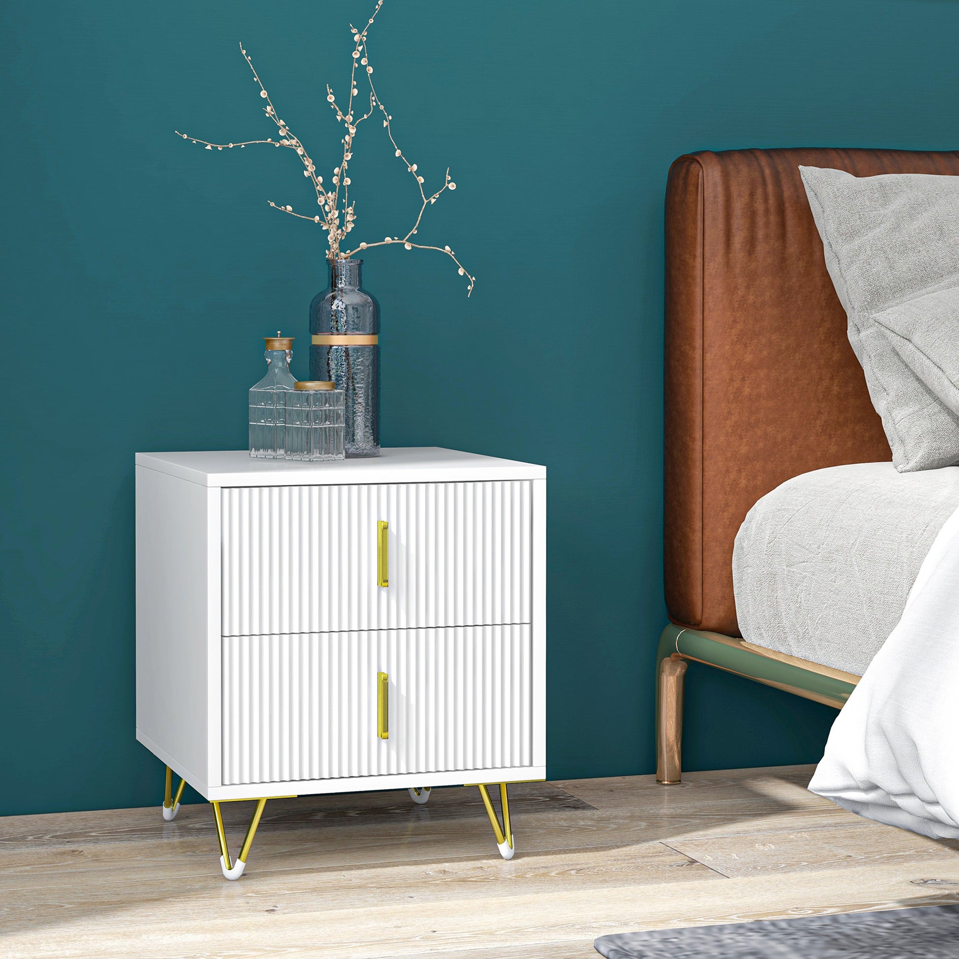 Bedside Table, Modern Nightstand with 2 Drawers, Side End Table with Metal Legs for Living Room, Bedroom, White-Home Furnishings > Bedroom Furniture > Bedside Tables-DECOROLALA