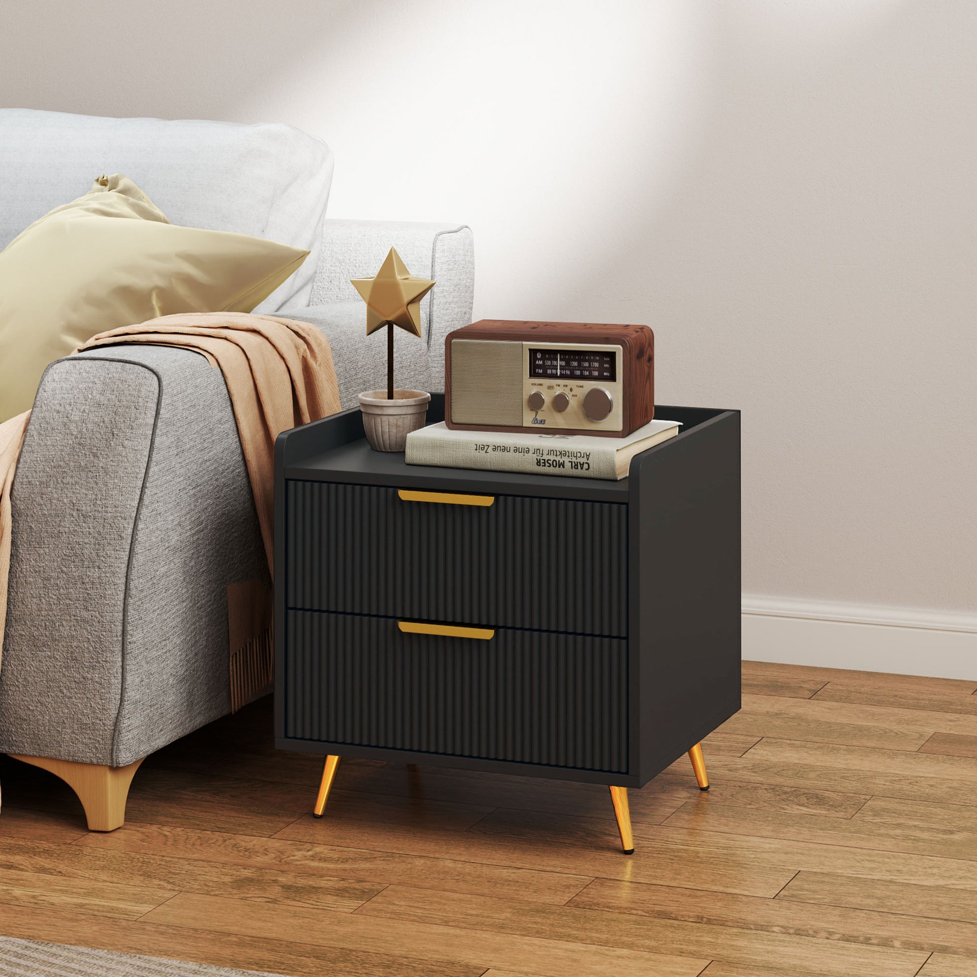 Bedside Table, Nightstand with 2 Drawers, Side End Table with Metal Legs for Bedroom, Black-Home Furnishings > Bedroom Furniture > Bedside Tables-DECOROLALA