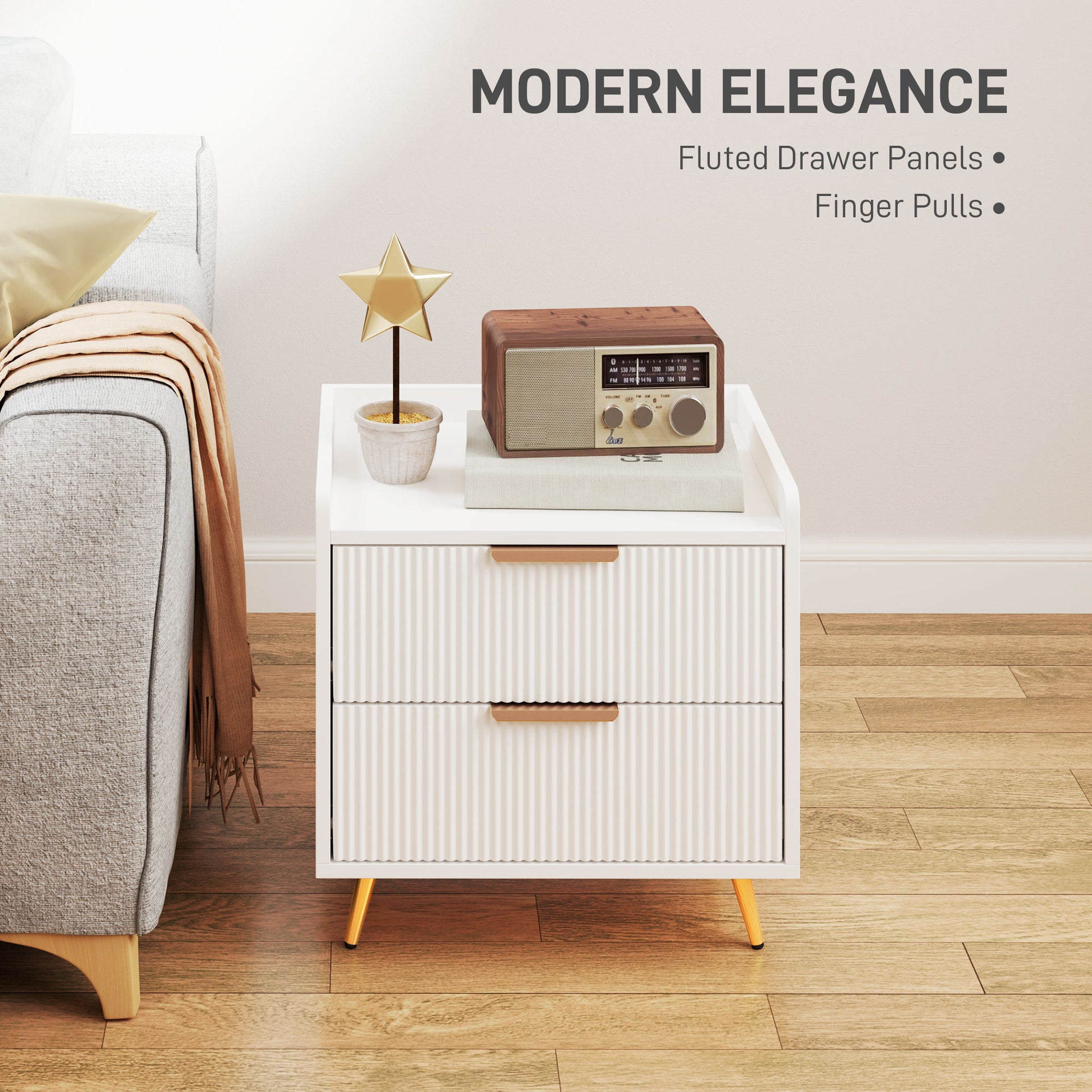 Bedside Table, Nightstand with 2 Drawers, Side End Table with Metal Legs for Bedroom, White-Home Furnishings > Bedroom Furniture > Bedside Tables-DECOROLALA