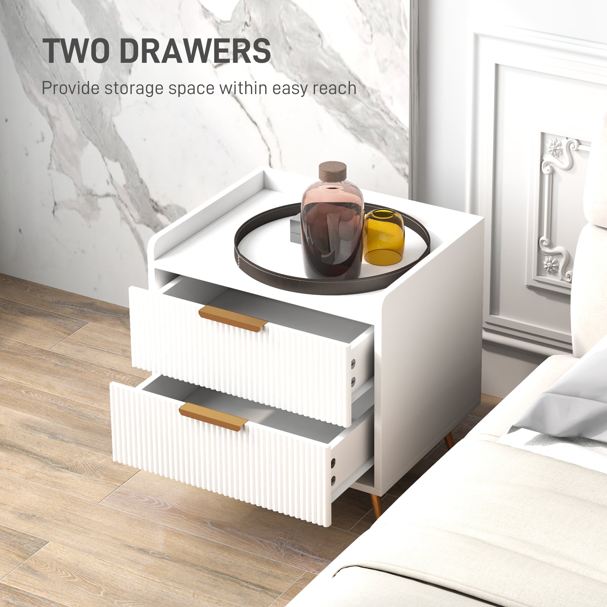 Bedside Table, Nightstand with 2 Drawers, Side End Table with Metal Legs for Bedroom, White-Home Furnishings > Bedroom Furniture > Bedside Tables-DECOROLALA