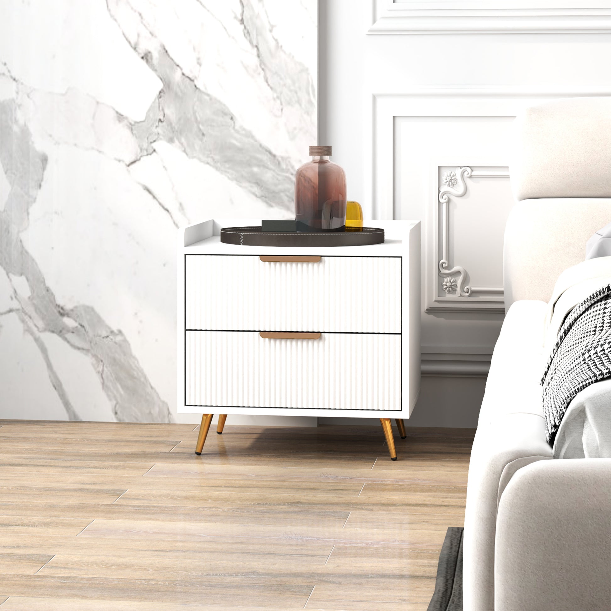 Bedside Table, Nightstand with 2 Drawers, Side End Table with Metal Legs for Bedroom, White-Home Furnishings > Bedroom Furniture > Bedside Tables-DECOROLALA