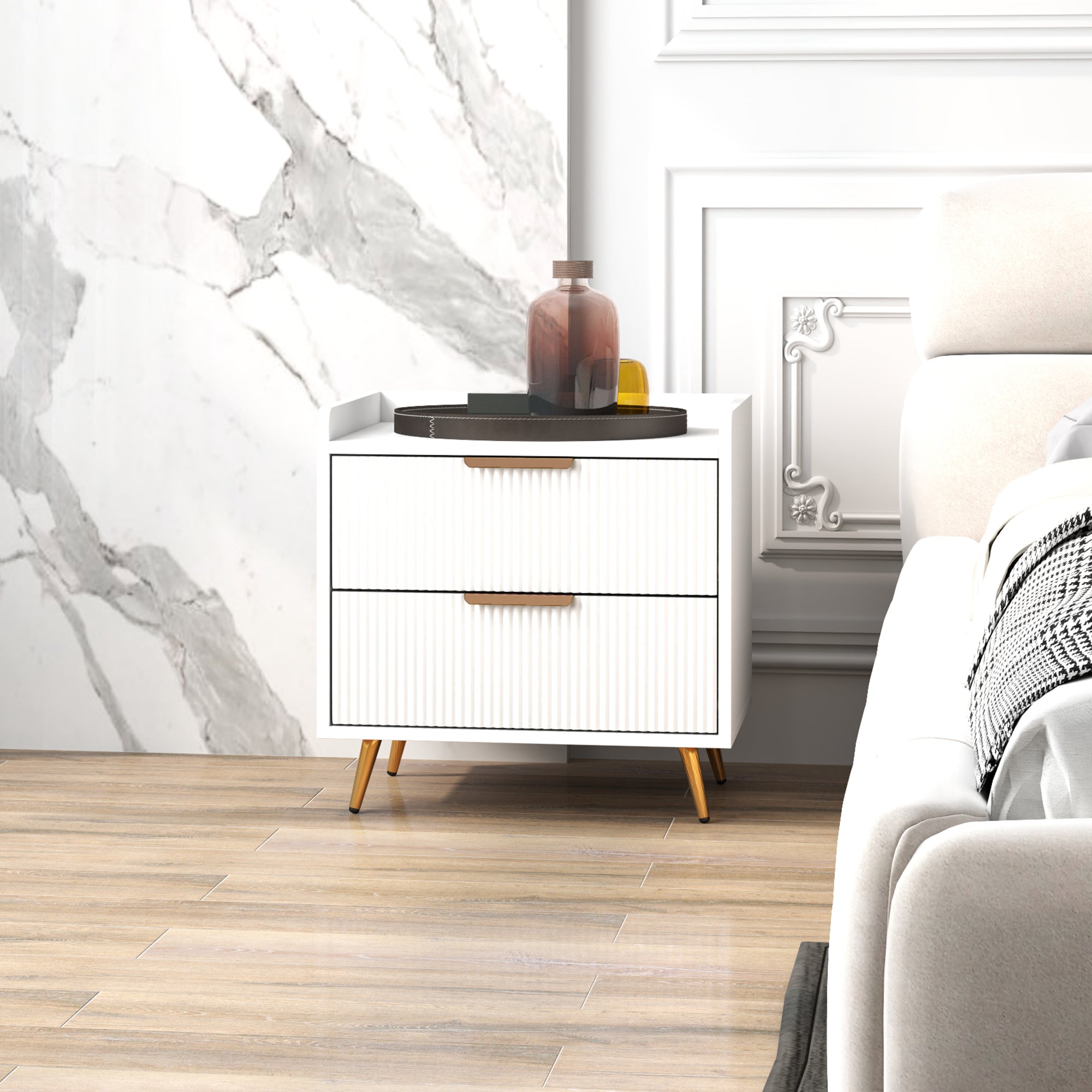 Bedside Table, Nightstand with 2 Drawers, Side End Table with Metal Legs for Bedroom, White-Home Furnishings > Bedroom Furniture > Bedside Tables-DECOROLALA