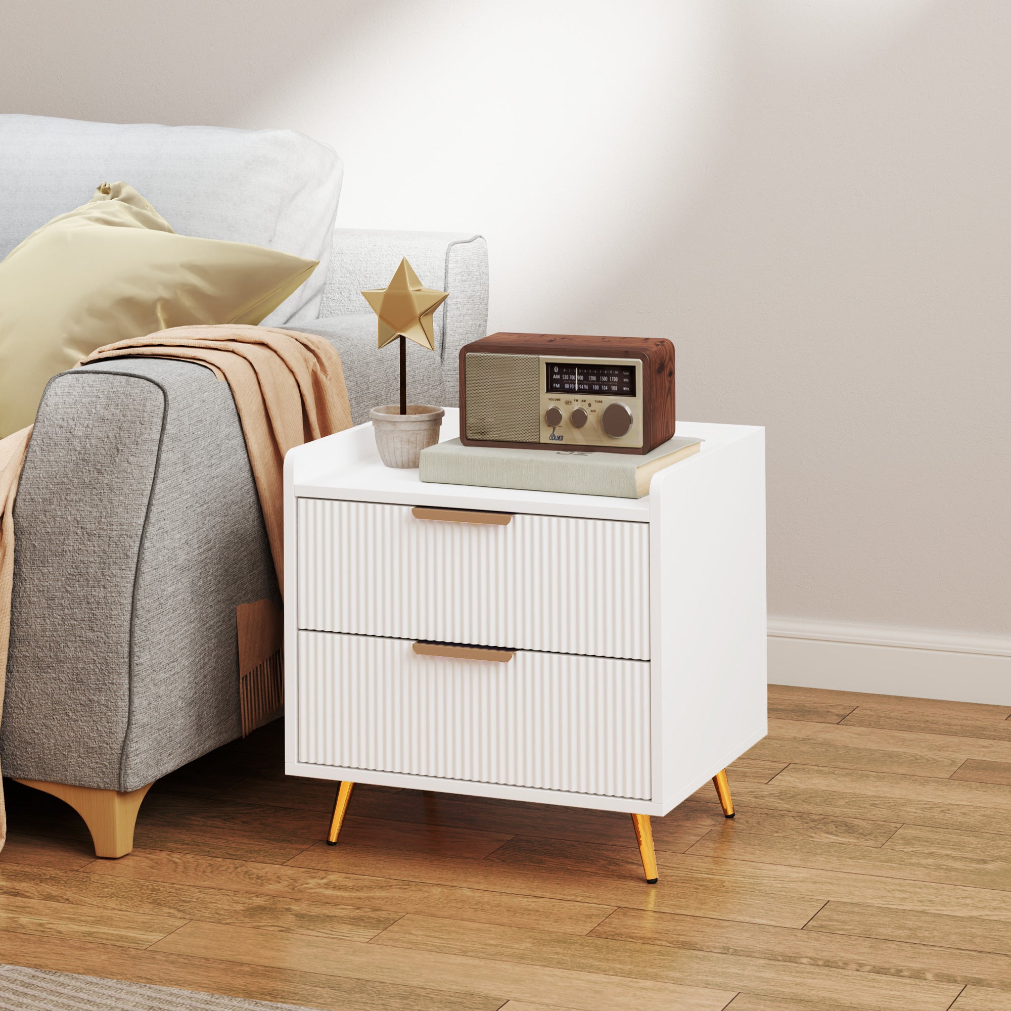 Bedside Table, Nightstand with 2 Drawers, Side End Table with Metal Legs for Bedroom, White-Home Furnishings > Bedroom Furniture > Bedside Tables-DECOROLALA