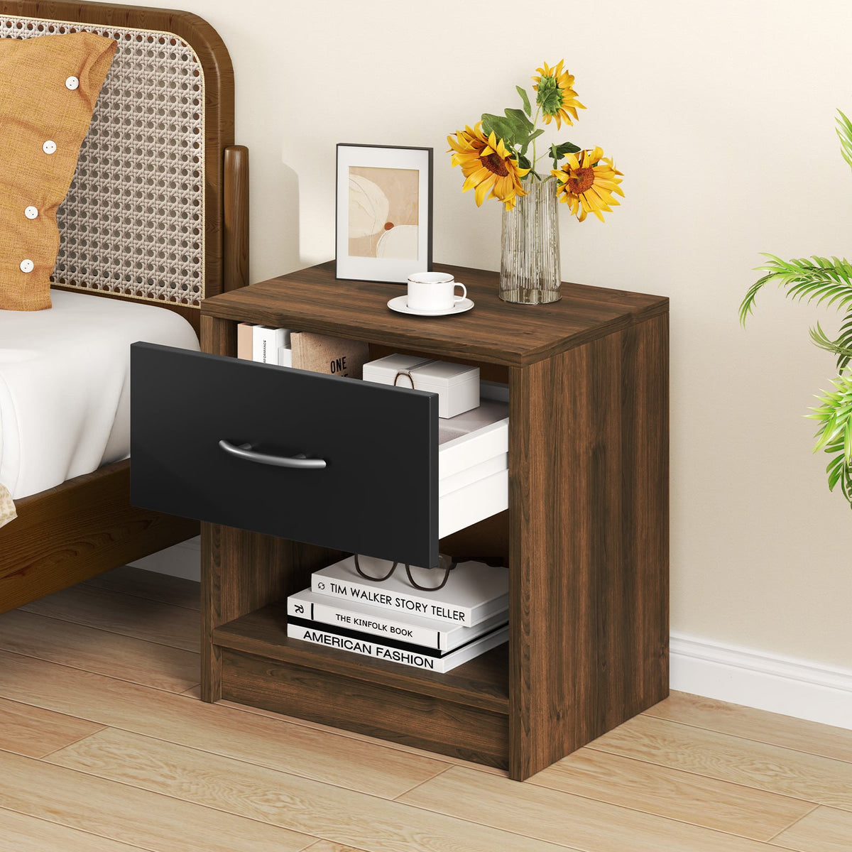 Bedside Table Nightstand with Drawer and Open Storage Shelf-Brown-Nightstands-DECOROLALA