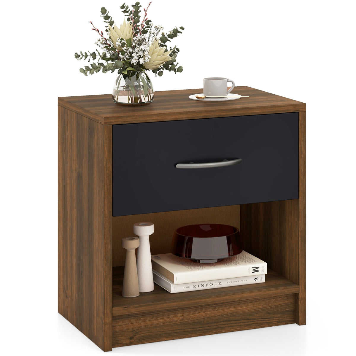 Bedside Table Nightstand with Drawer and Open Storage Shelf-Brown-Nightstands-DECOROLALA