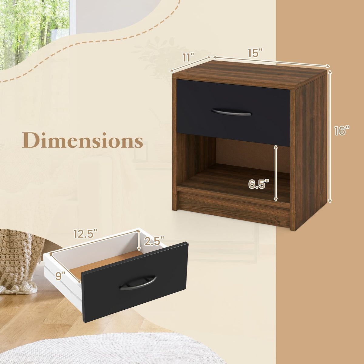 Bedside Table Nightstand with Drawer and Open Storage Shelf-Brown-Nightstands-DECOROLALA