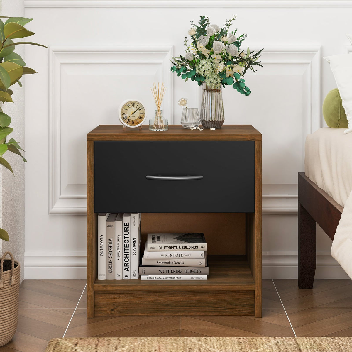 Bedside Table Nightstand with Drawer and Open Storage Shelf-Brown-Nightstands-DECOROLALA