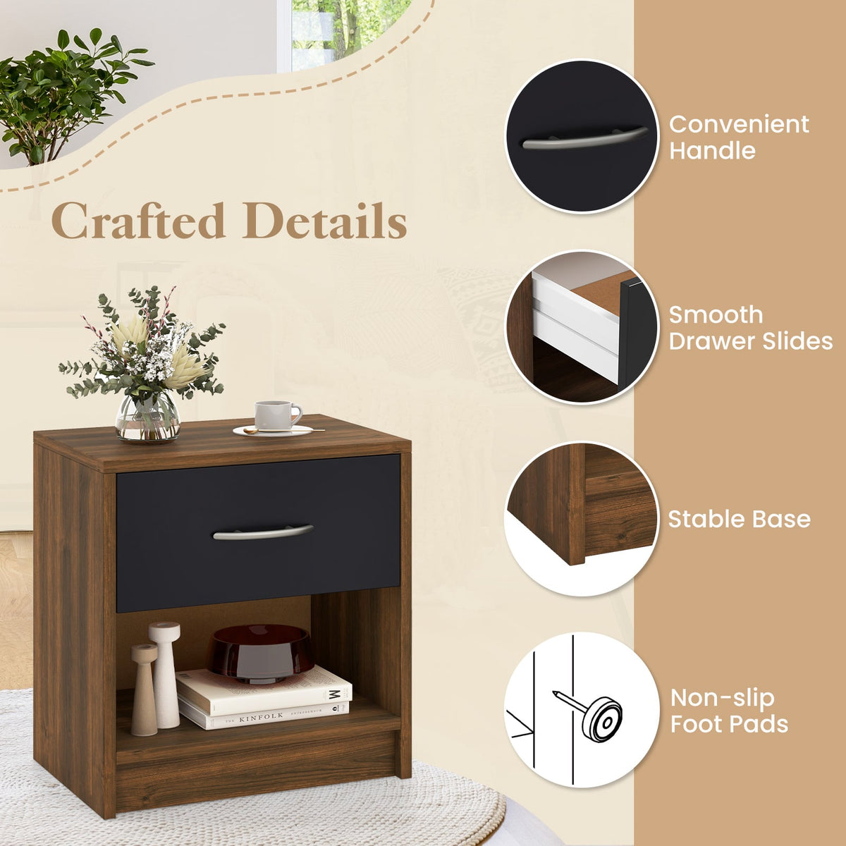Bedside Table Nightstand with Drawer and Open Storage Shelf-Brown-Nightstands-DECOROLALA
