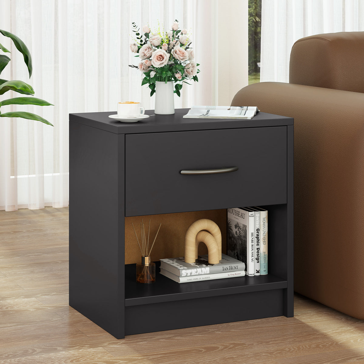 Bedside Table Nightstand with Drawer and Open Storage Shelf-Gray-Nightstands-DECOROLALA