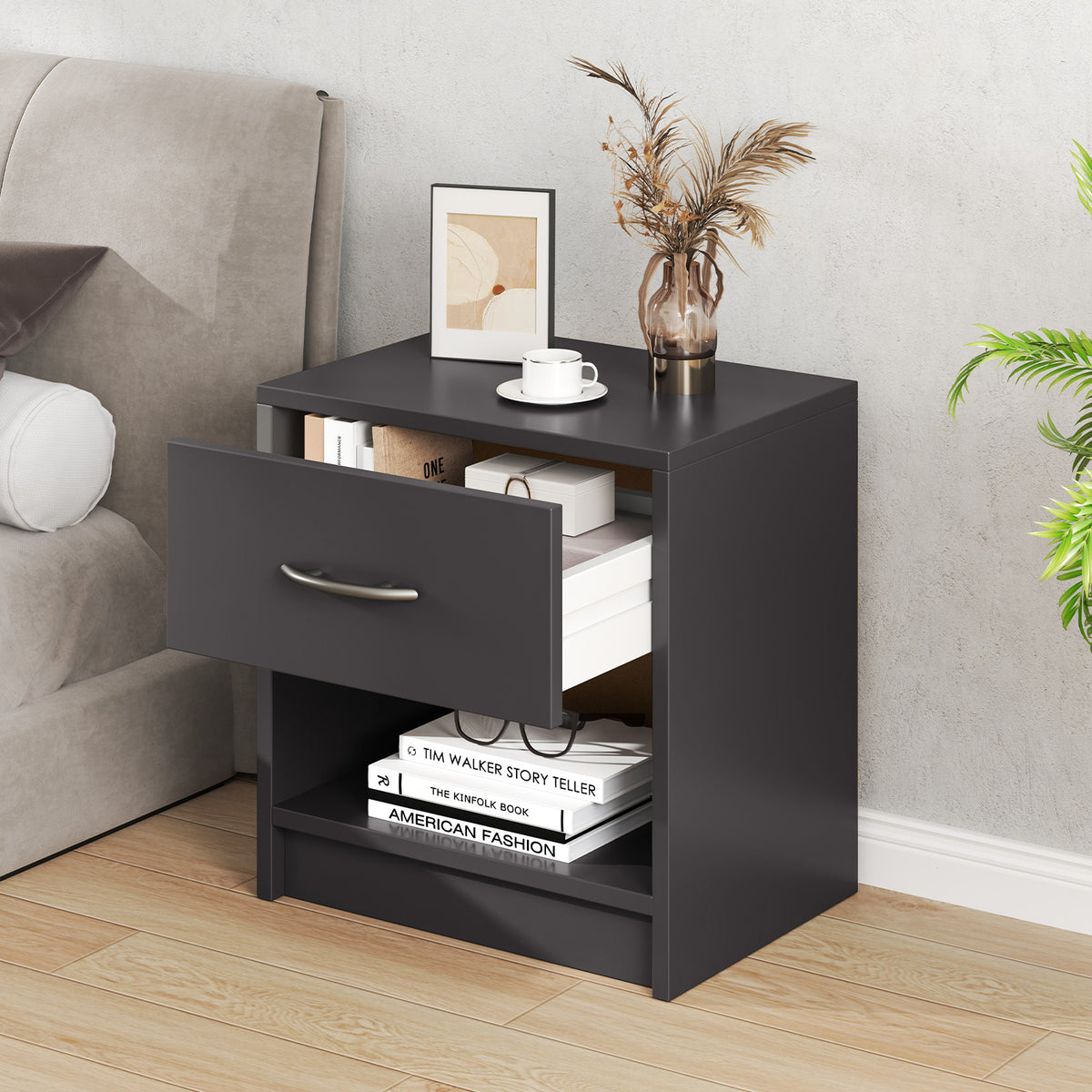 Bedside Table Nightstand with Drawer and Open Storage Shelf-Gray-Nightstands-DECOROLALA