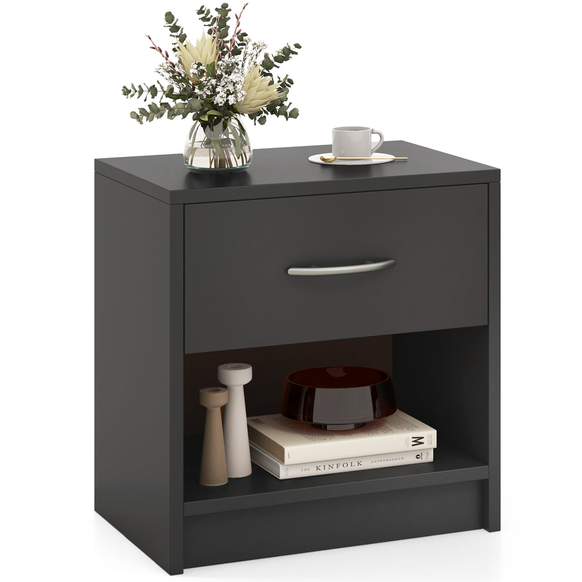 Bedside Table Nightstand with Drawer and Open Storage Shelf-Gray-Nightstands-DECOROLALA