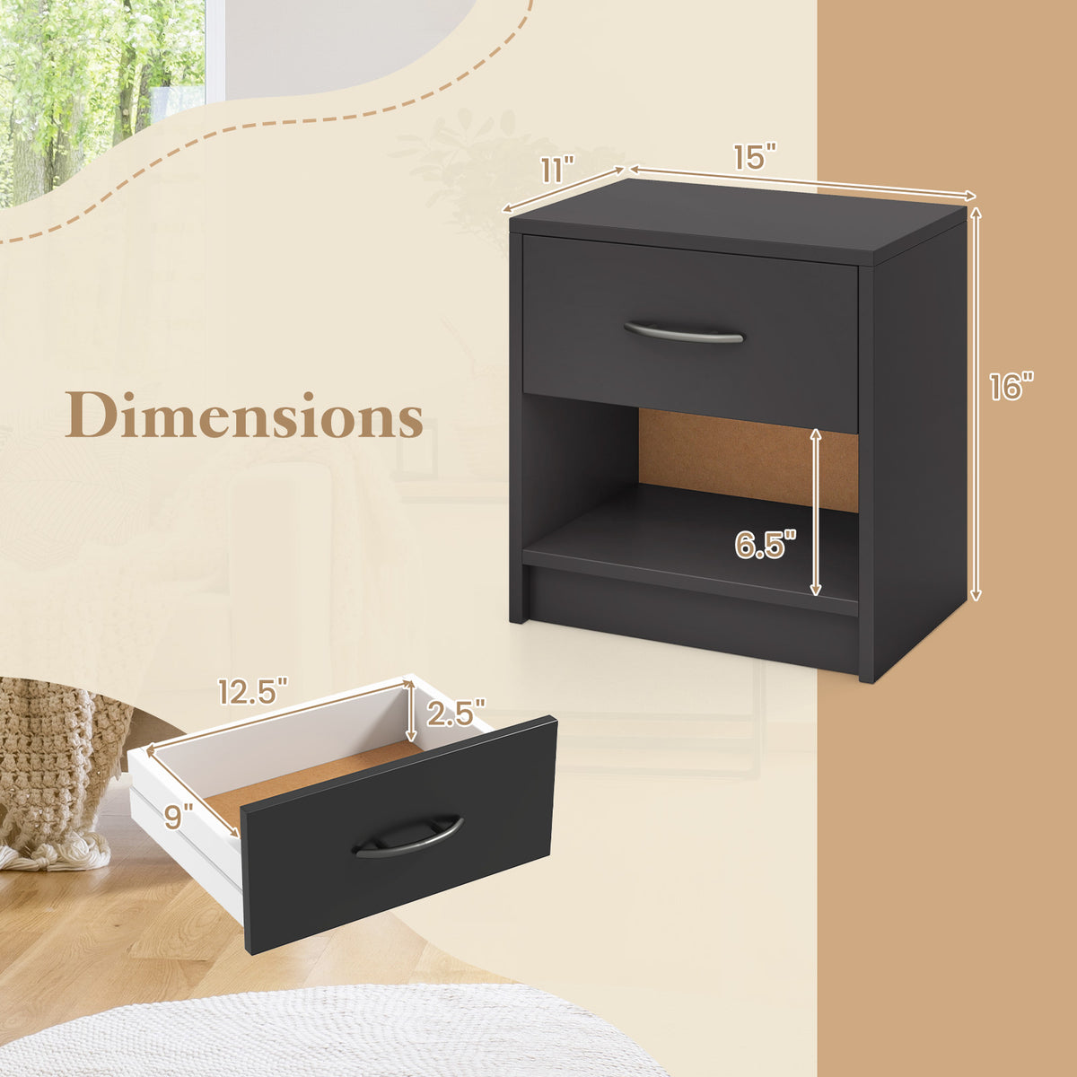 Bedside Table Nightstand with Drawer and Open Storage Shelf-Gray-Nightstands-DECOROLALA