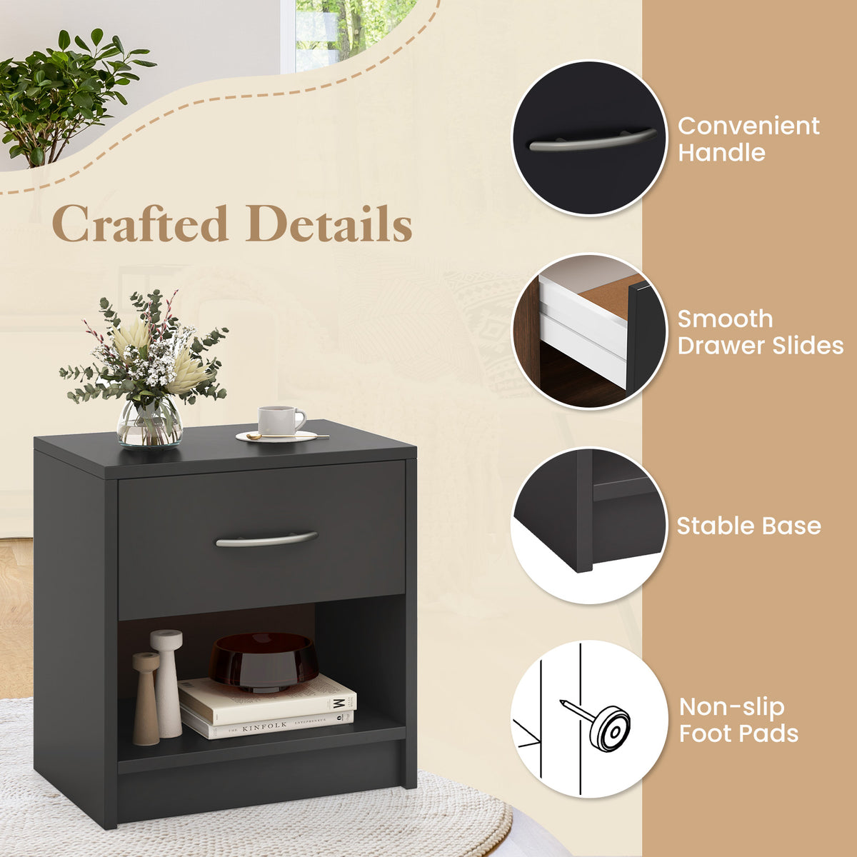 Bedside Table Nightstand with Drawer and Open Storage Shelf-Gray-Nightstands-DECOROLALA