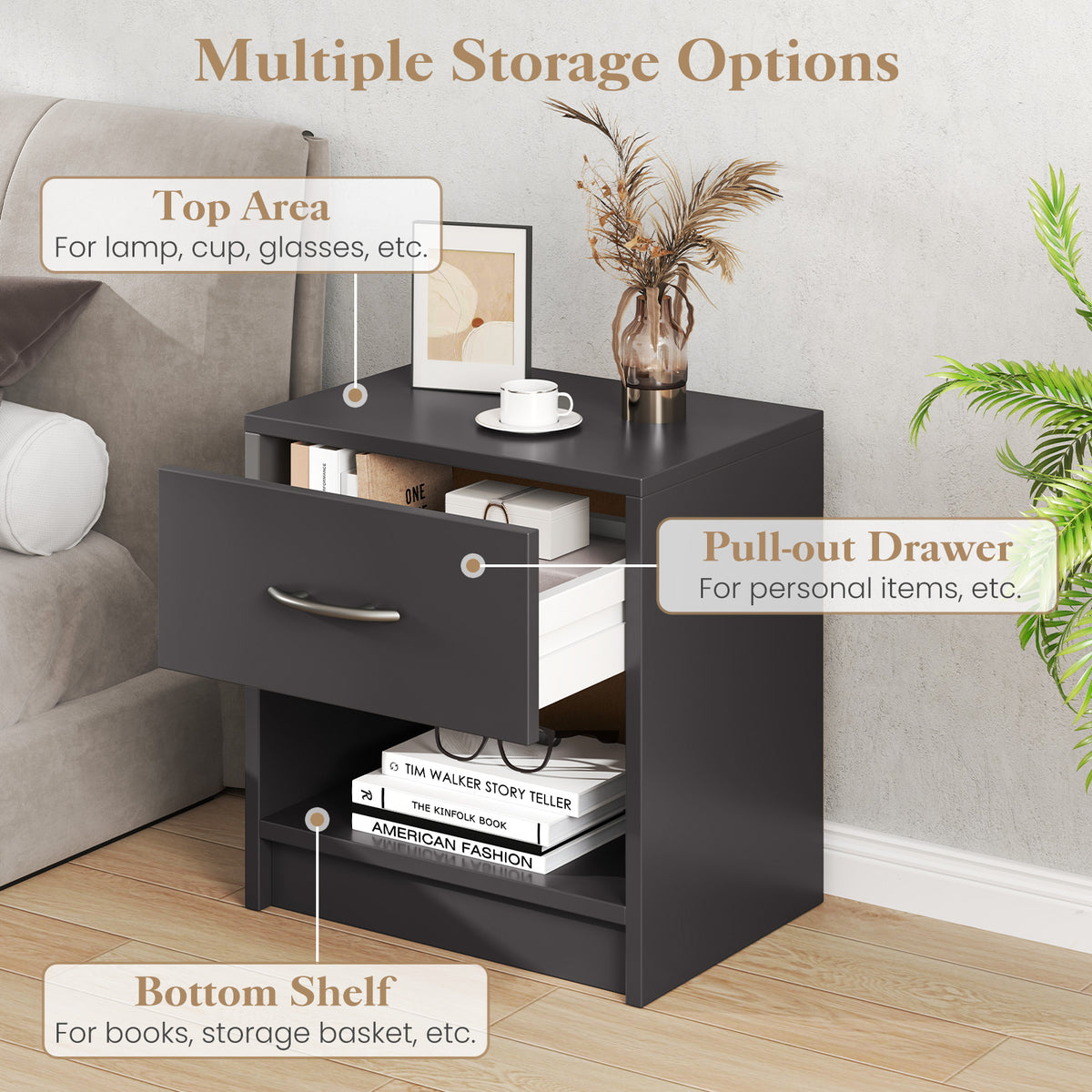 Bedside Table Nightstand with Drawer and Open Storage Shelf-Gray-Nightstands-DECOROLALA