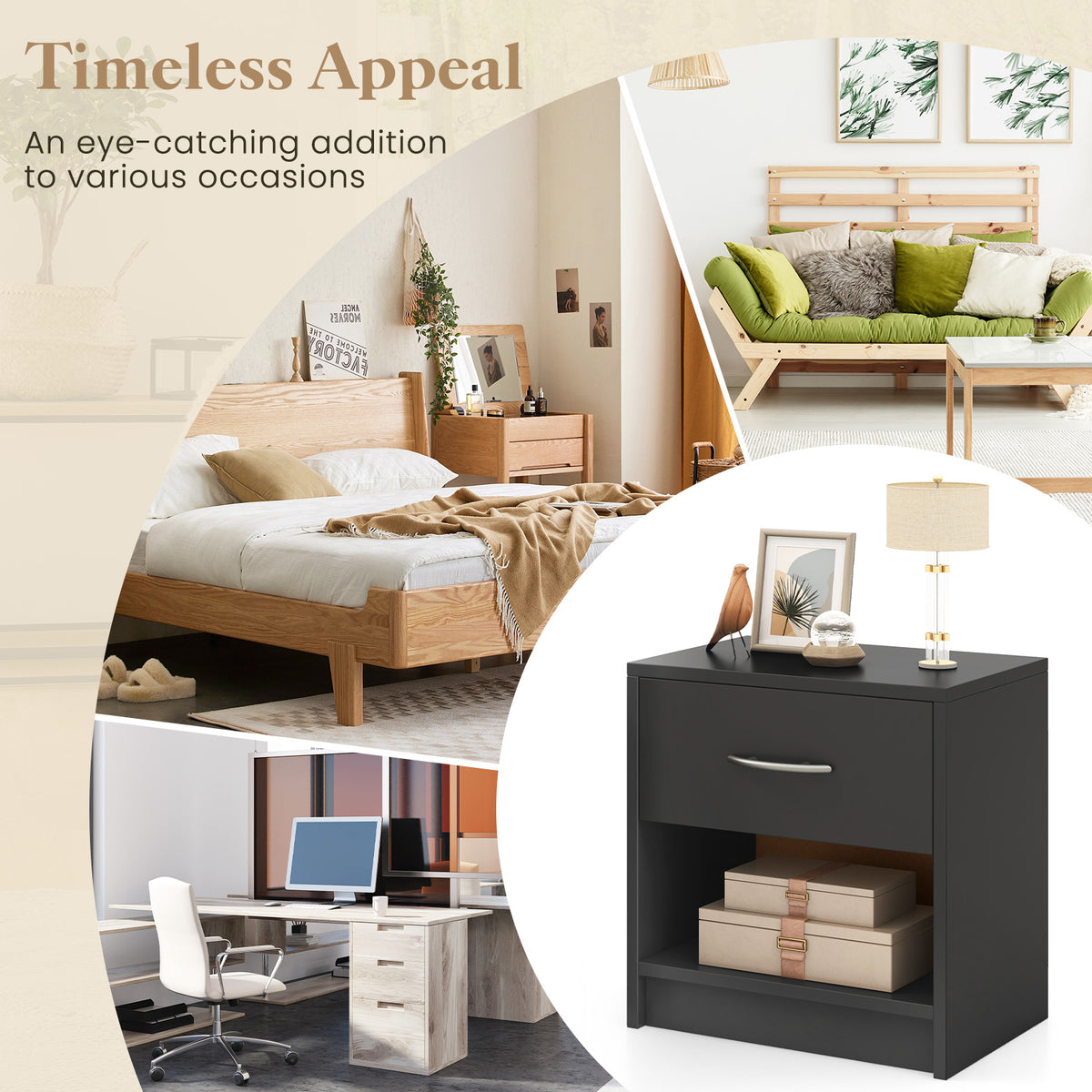 Bedside Table Nightstand with Drawer and Open Storage Shelf-Gray-Nightstands-DECOROLALA