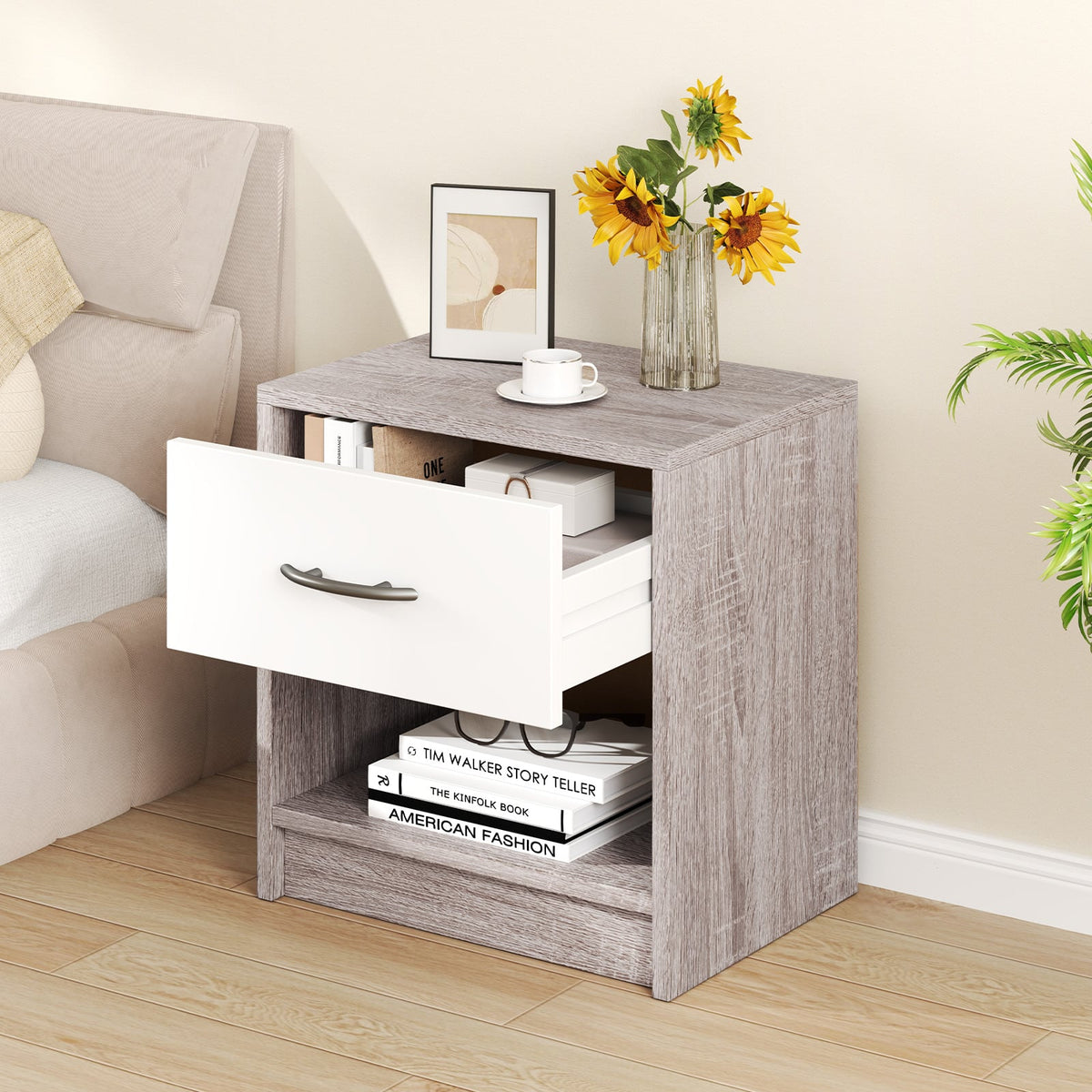 Bedside Table Nightstand with Drawer and Open Storage Shelf-Light Gray-Nightstands-DECOROLALA