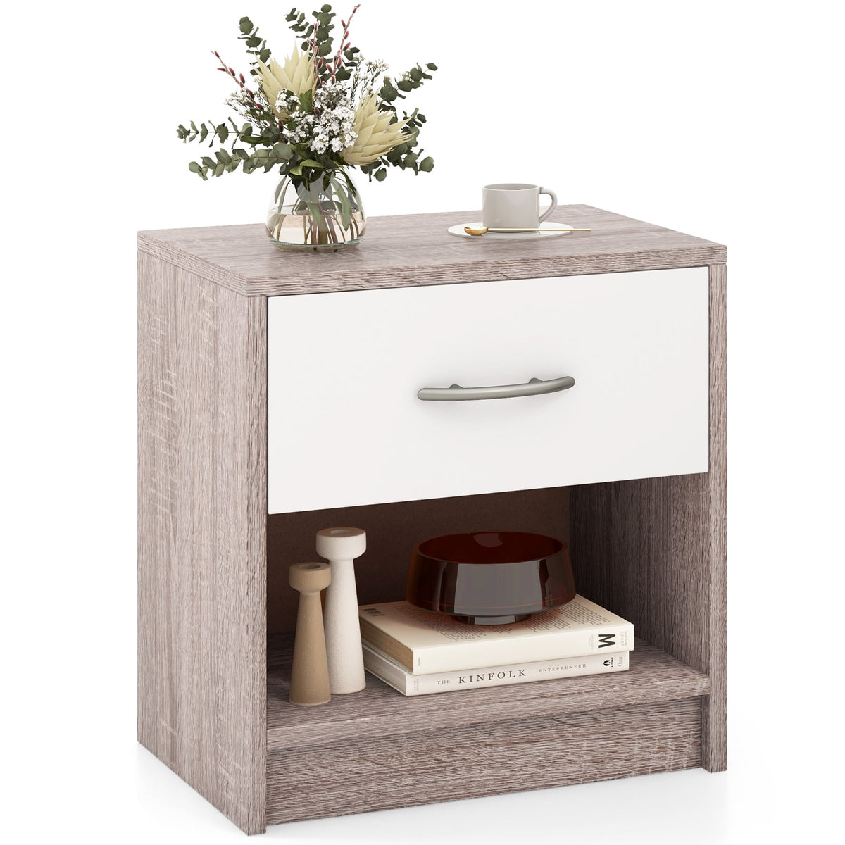 Bedside Table Nightstand with Drawer and Open Storage Shelf-Light Gray-Nightstands-DECOROLALA