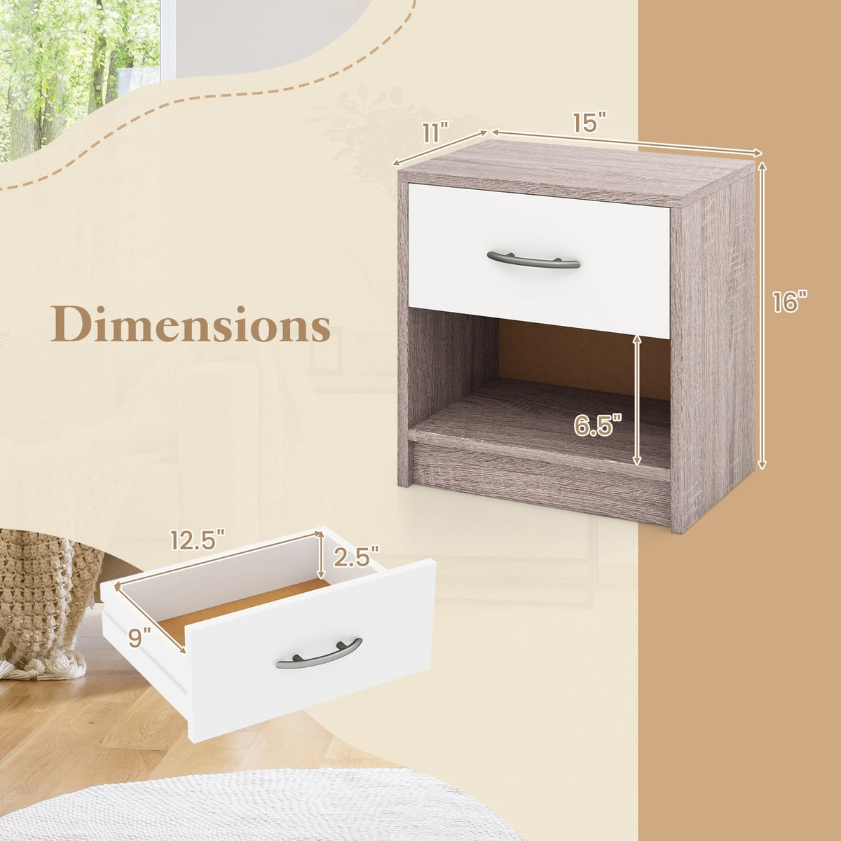 Bedside Table Nightstand with Drawer and Open Storage Shelf-Light Gray-Nightstands-DECOROLALA