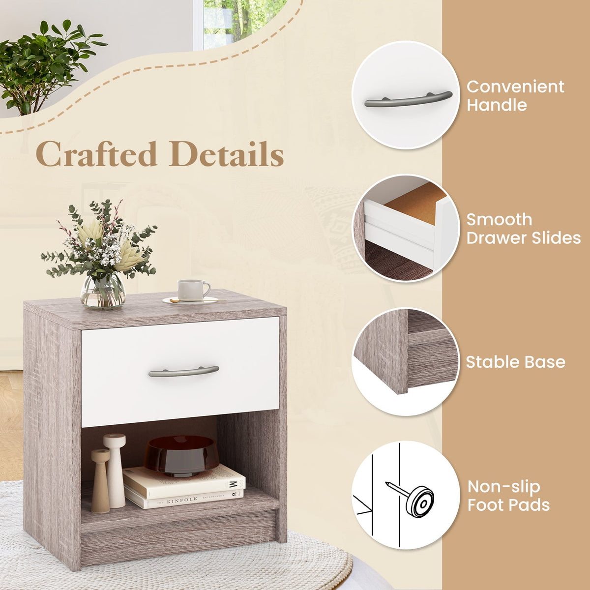 Bedside Table Nightstand with Drawer and Open Storage Shelf-Light Gray-Nightstands-DECOROLALA