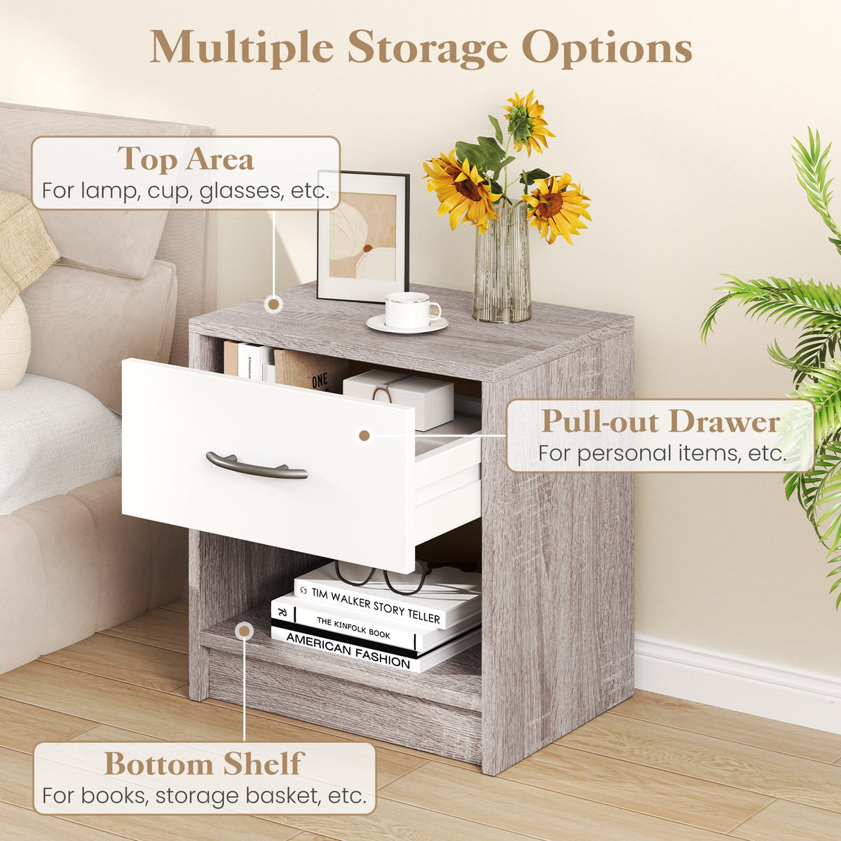 Bedside Table Nightstand with Drawer and Open Storage Shelf-Light Gray-Nightstands-DECOROLALA
