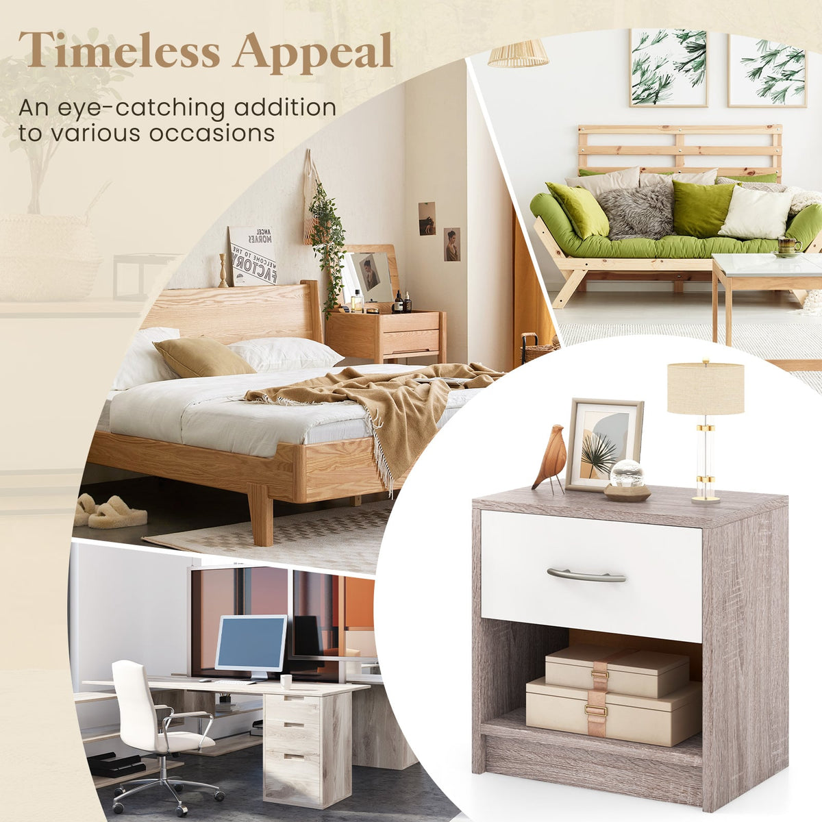 Bedside Table Nightstand with Drawer and Open Storage Shelf-Light Gray-Nightstands-DECOROLALA