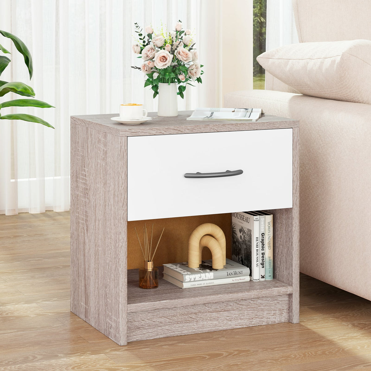 Bedside Table Nightstand with Drawer and Open Storage Shelf-Light Gray-Nightstands-DECOROLALA