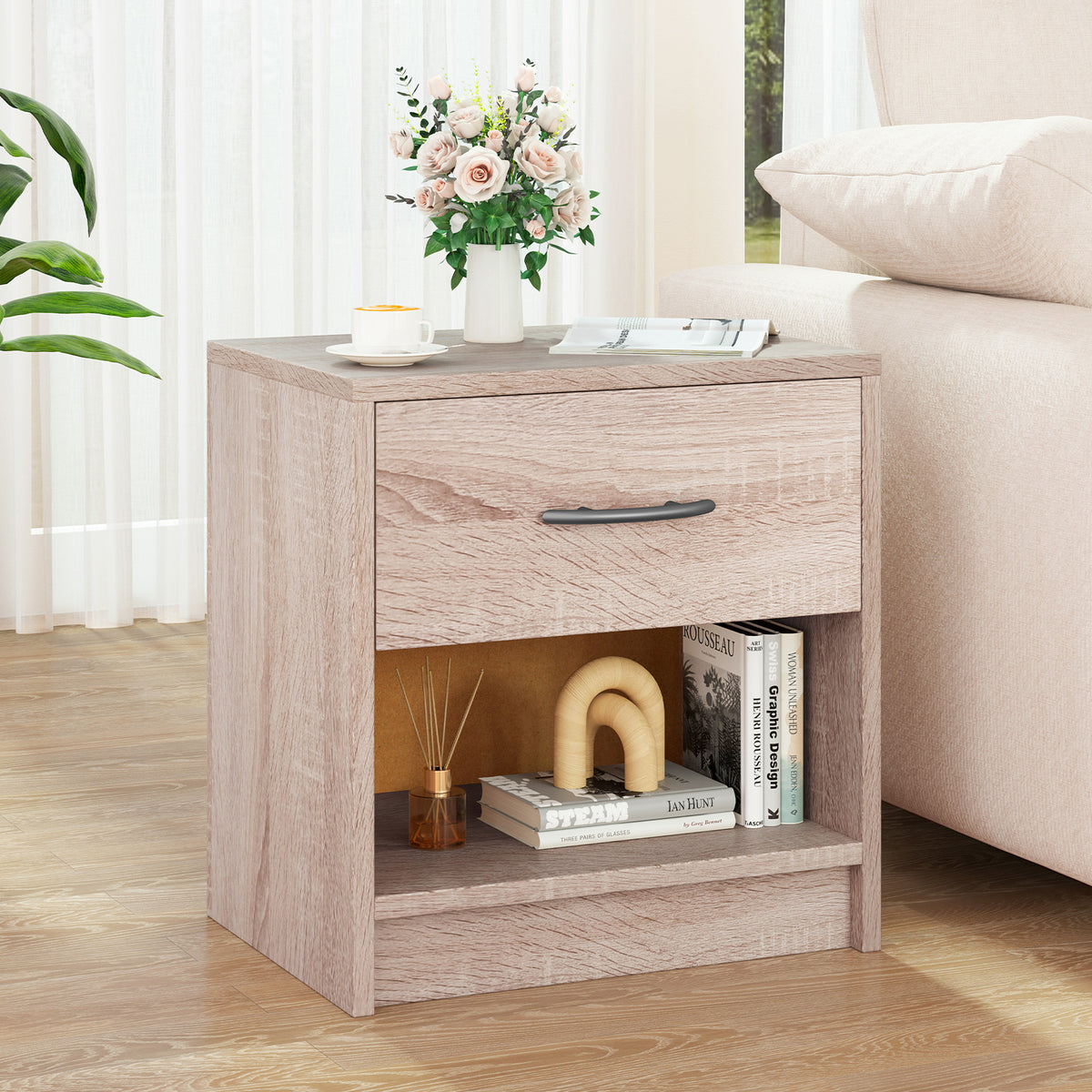 Bedside Table Nightstand with Drawer and Open Storage Shelf-Natural-Nightstands-DECOROLALA