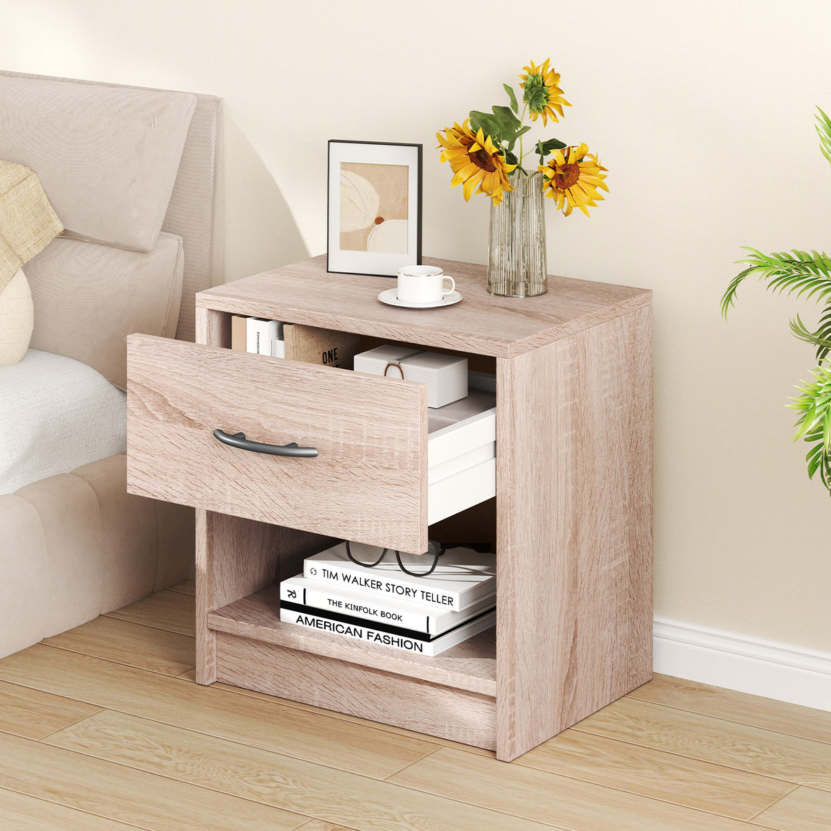 Bedside Table Nightstand with Drawer and Open Storage Shelf-Natural-Nightstands-DECOROLALA
