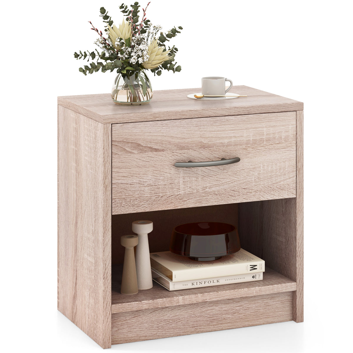 Bedside Table Nightstand with Drawer and Open Storage Shelf-Natural-Nightstands-DECOROLALA