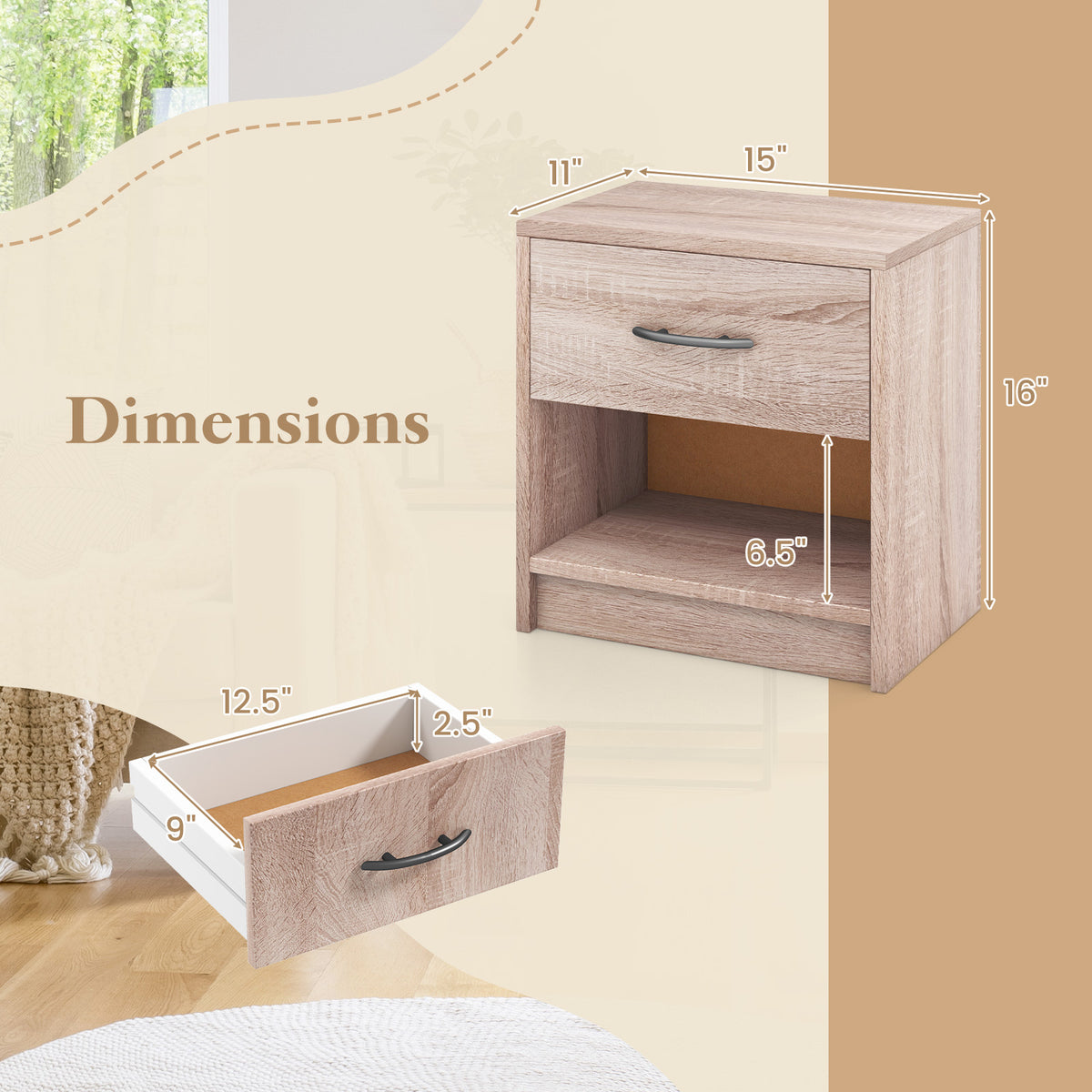 Bedside Table Nightstand with Drawer and Open Storage Shelf-Natural-Nightstands-DECOROLALA