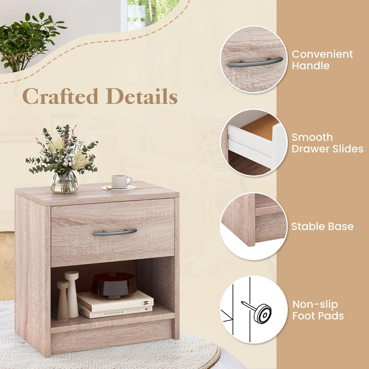 Bedside Table Nightstand with Drawer and Open Storage Shelf-Natural-Nightstands-DECOROLALA